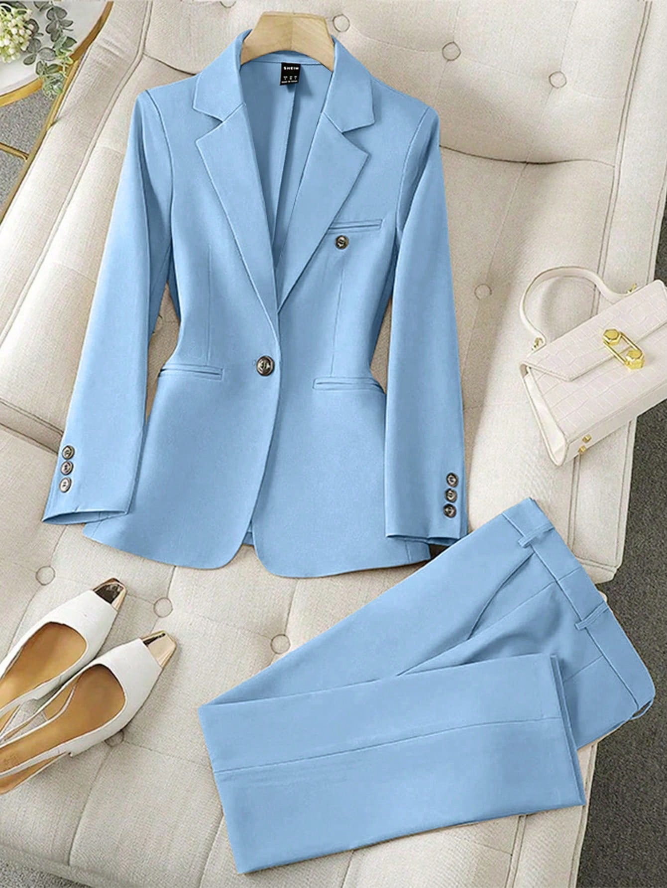 LUNE Solid Color Single-Breasted Long Sleeve Suit Jacket And Pants, Elegant Suit Set