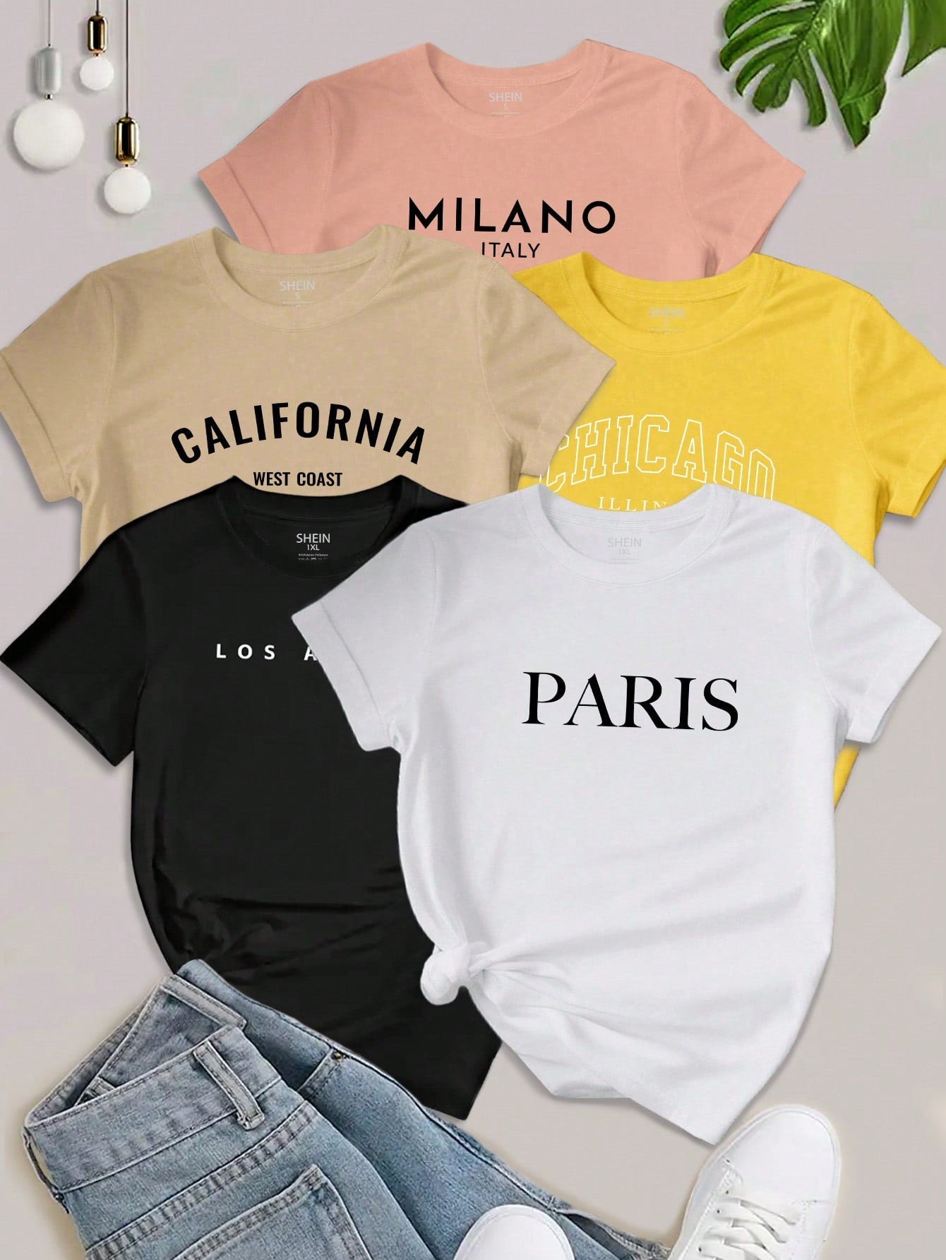 EZwear 5PCS Women's Slogan Letter Printed T-Shirt Short Sleeved Casual Top Graphic Tees Women Tops
