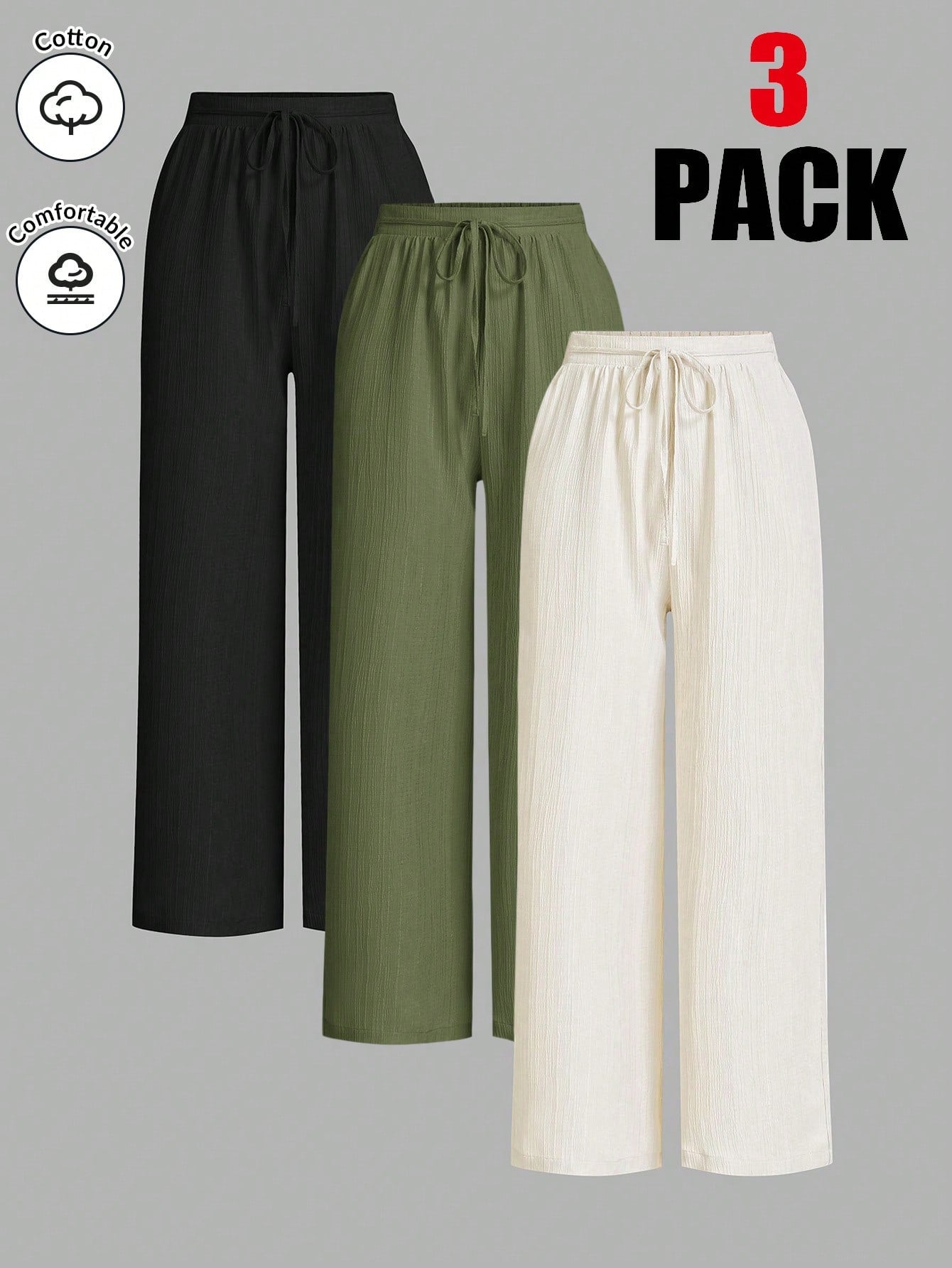 Essnce Women Solid Color Waist Tie Loose Casual 3-Piece Set, Wide Leg Pants