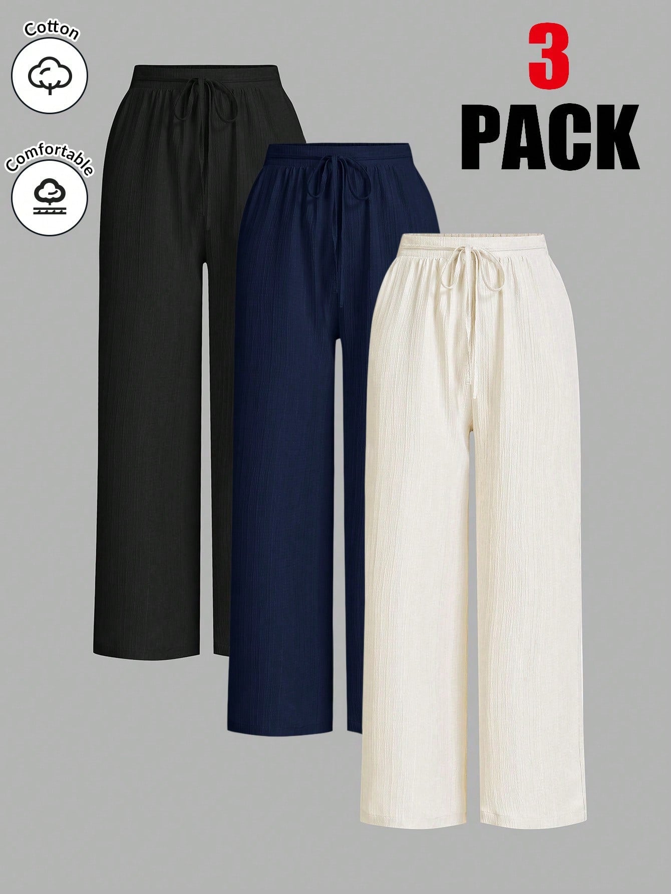 Essnce Women Solid Color Waist Tie Loose Casual 3-Piece Set, Wide Leg Pants