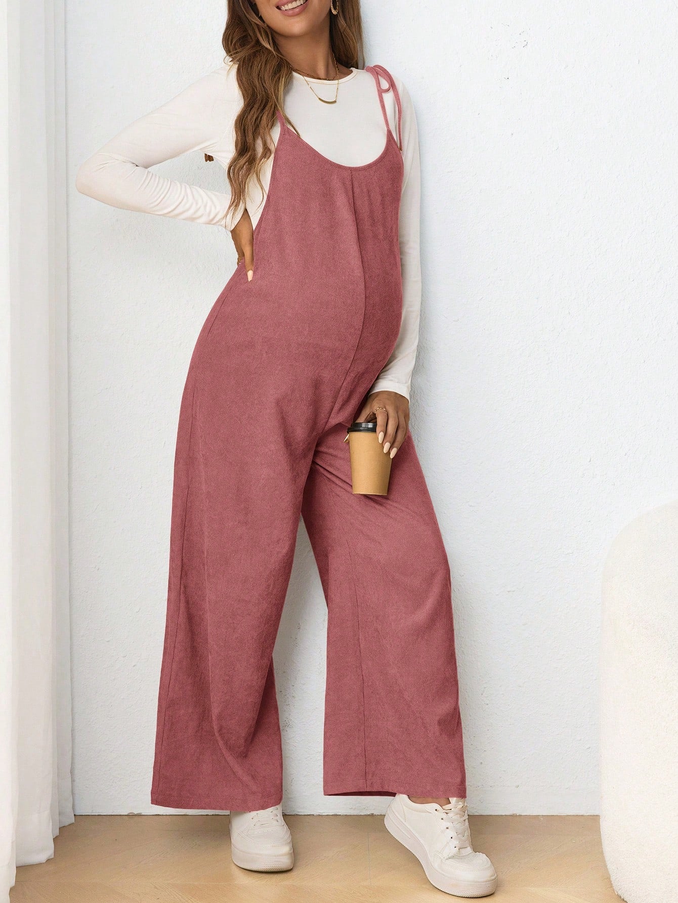Maternity Casual Sling Bow Tie Jumpsuit, Form Fitting Pregnancy Clothing