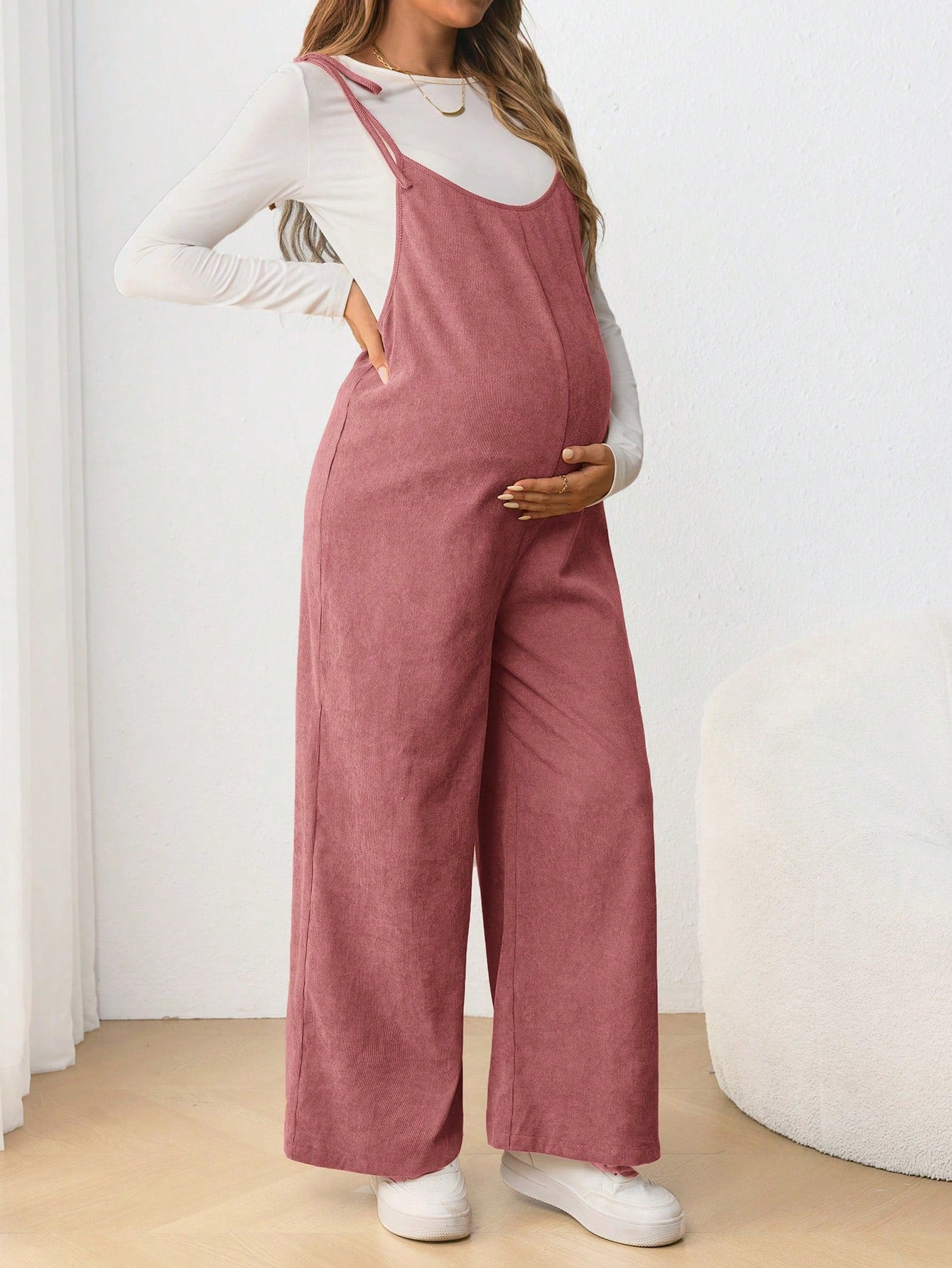 Maternity Casual Sling Bow Tie Jumpsuit, Form Fitting Pregnancy Clothing