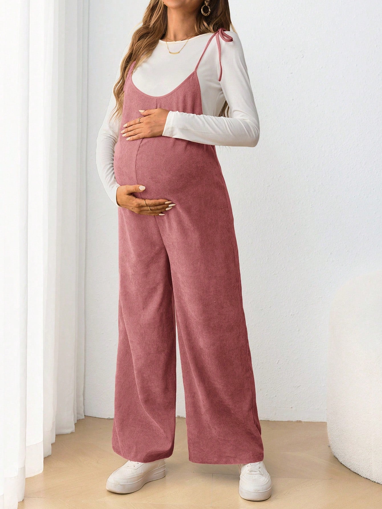Maternity Casual Sling Bow Tie Jumpsuit, Form Fitting Pregnancy Clothing