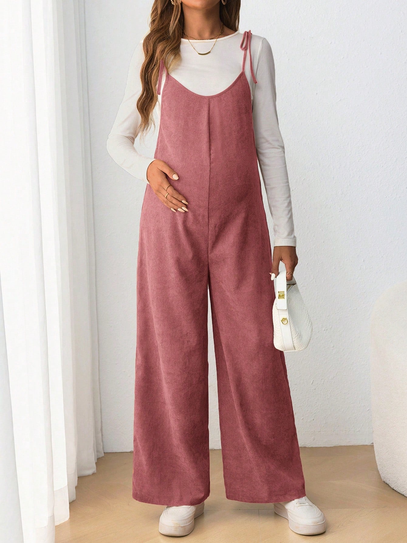 Maternity Casual Sling Bow Tie Jumpsuit, Form Fitting Pregnancy Clothing