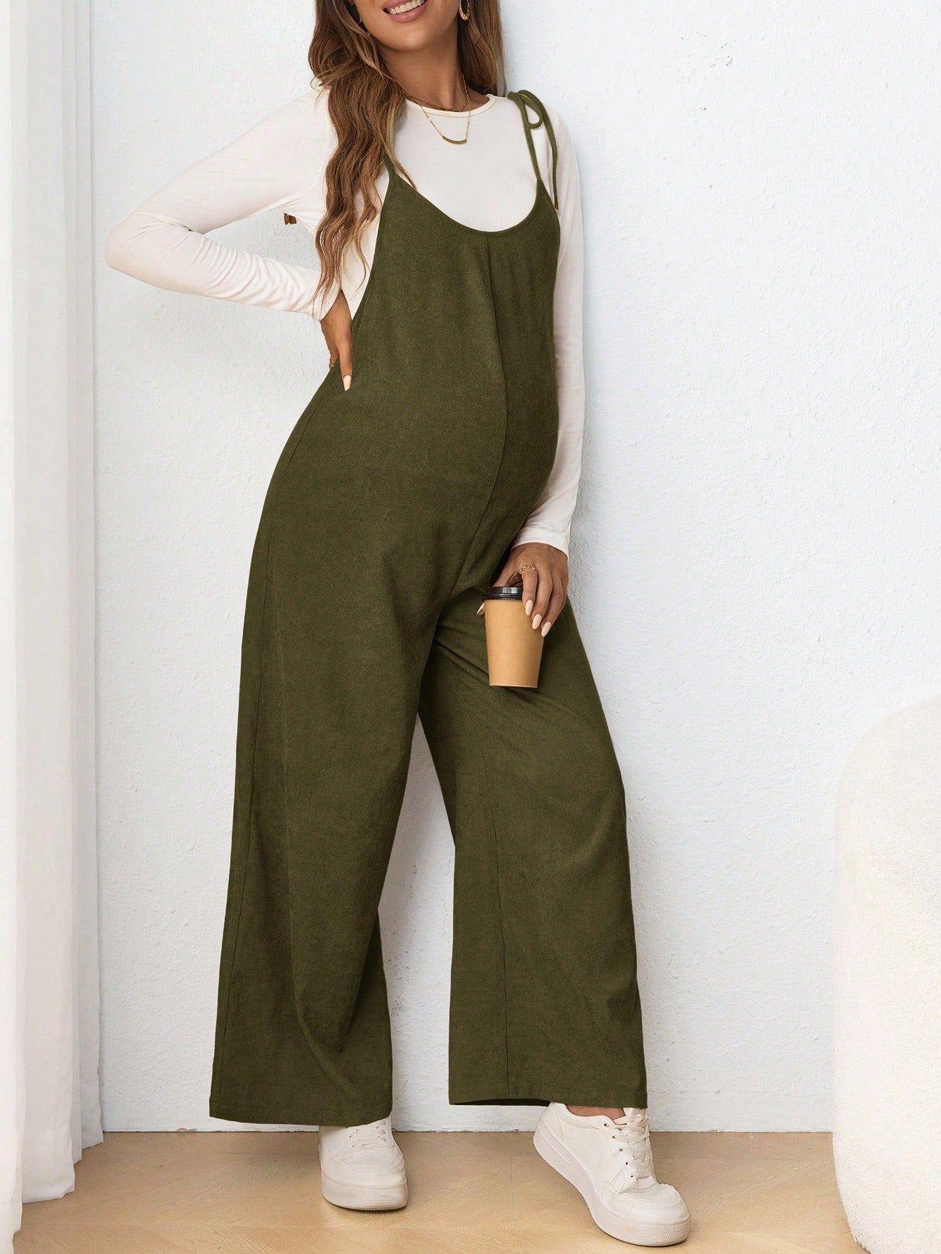 Maternity Casual Sling Bow Tie Jumpsuit, Form Fitting Pregnancy Clothing