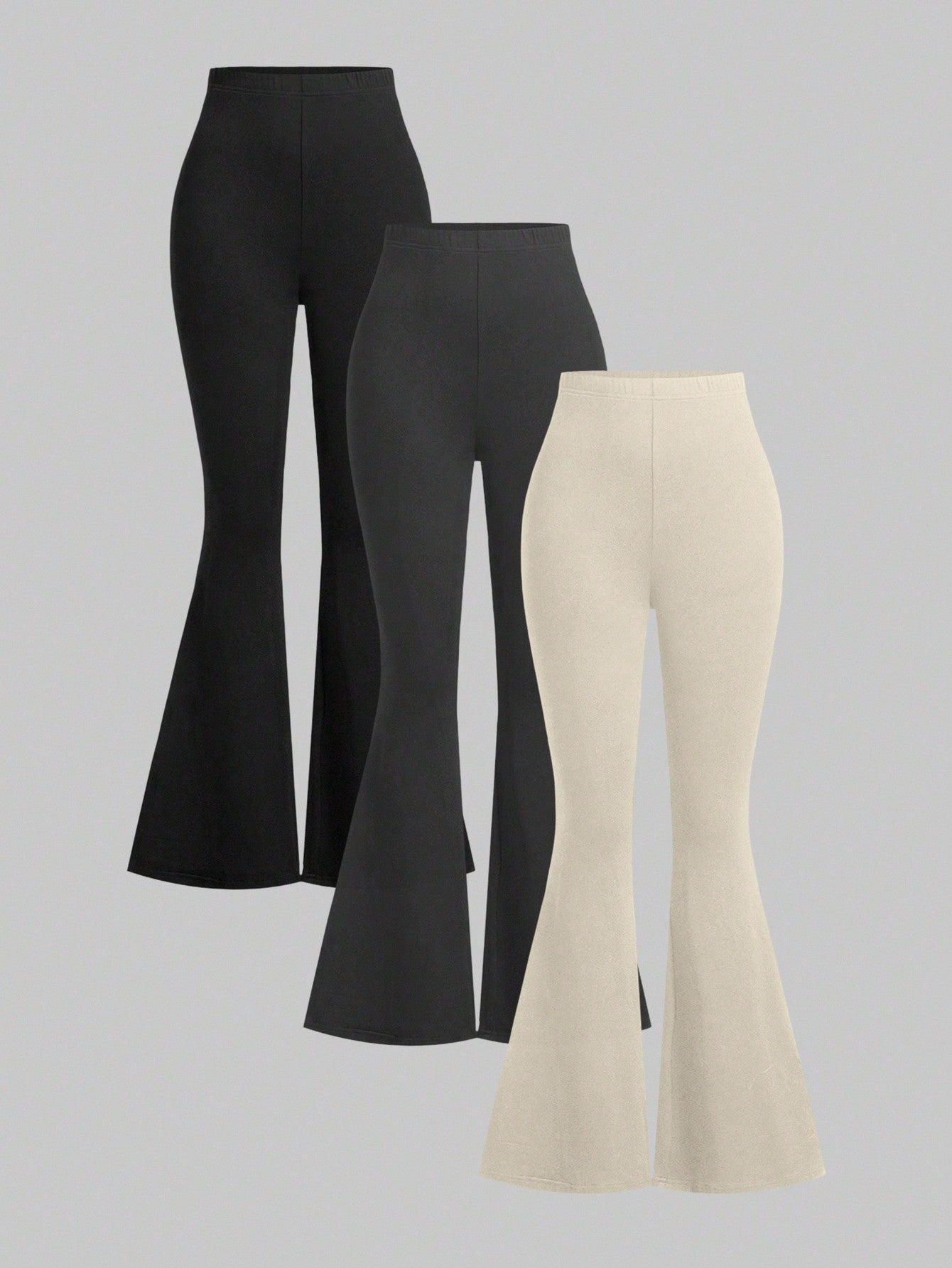 EZwear 3pcs Women's Solid Color High Waist Skinny Flared Pants Suit, Suitable For Summer & Autumn