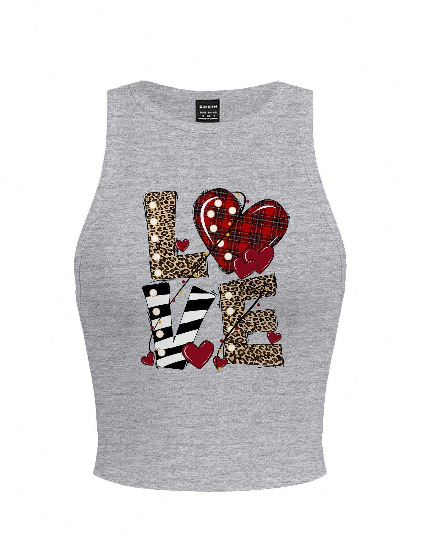 EZwear Pink Short Casual Leopard, Plaid, Striped Print Love Letter Pattern Round Neck Tank Top For Women, Summer