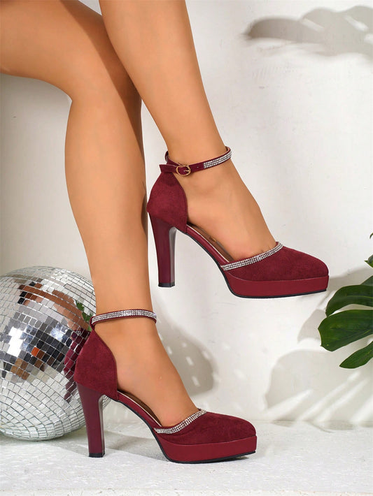 2024 New Thick Heel Burgundy Suede High Heel Sandals, Fashion Platform Women Shoes