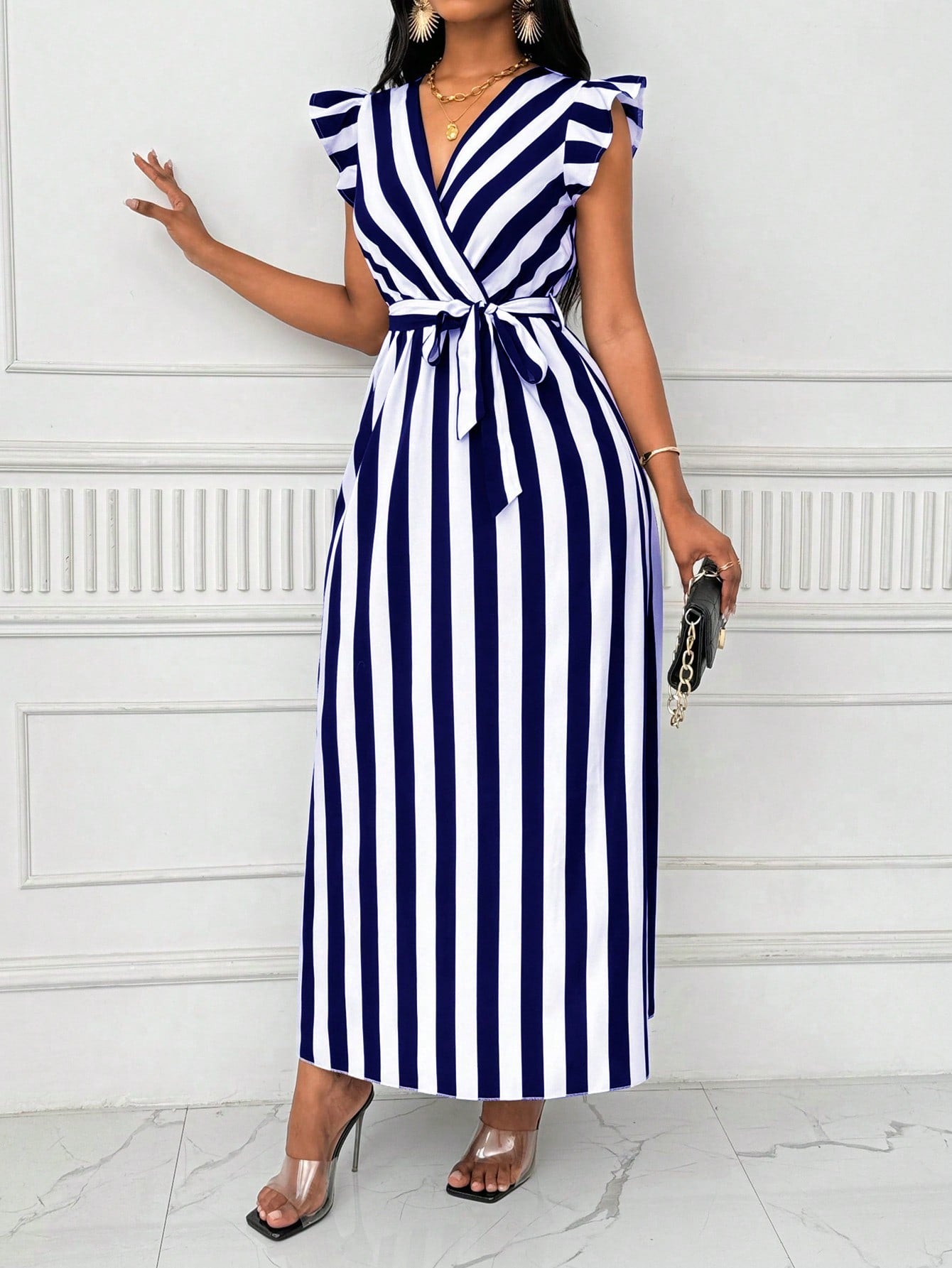 Lyxana Women's V-Neck Cinched Waist Wide Skirt Long Dress With Bow Tie, Black And White Vertical Striped, Long Sleeve Maxi Women Outfit