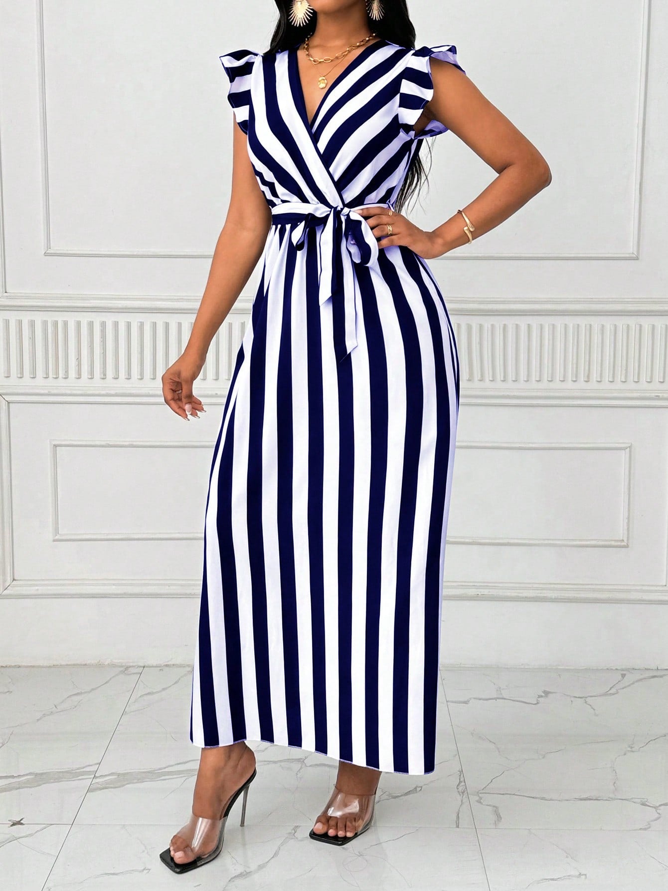 Lyxana Women's V-Neck Cinched Waist Wide Skirt Long Dress With Bow Tie, Black And White Vertical Striped, Long Sleeve Maxi Women Outfit
