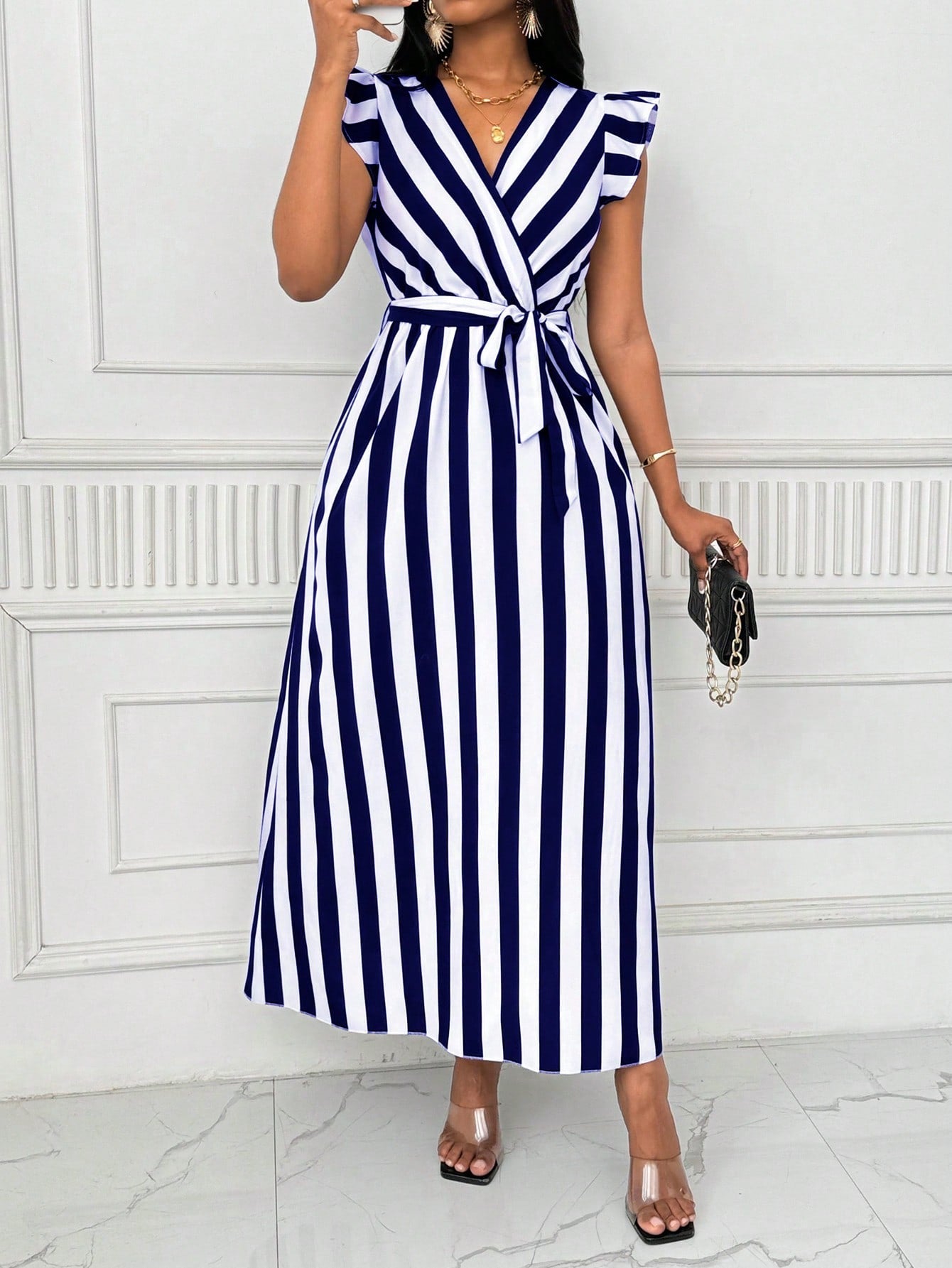 Lyxana Women's V-Neck Cinched Waist Wide Skirt Long Dress With Bow Tie, Black And White Vertical Striped, Long Sleeve Maxi Women Outfit