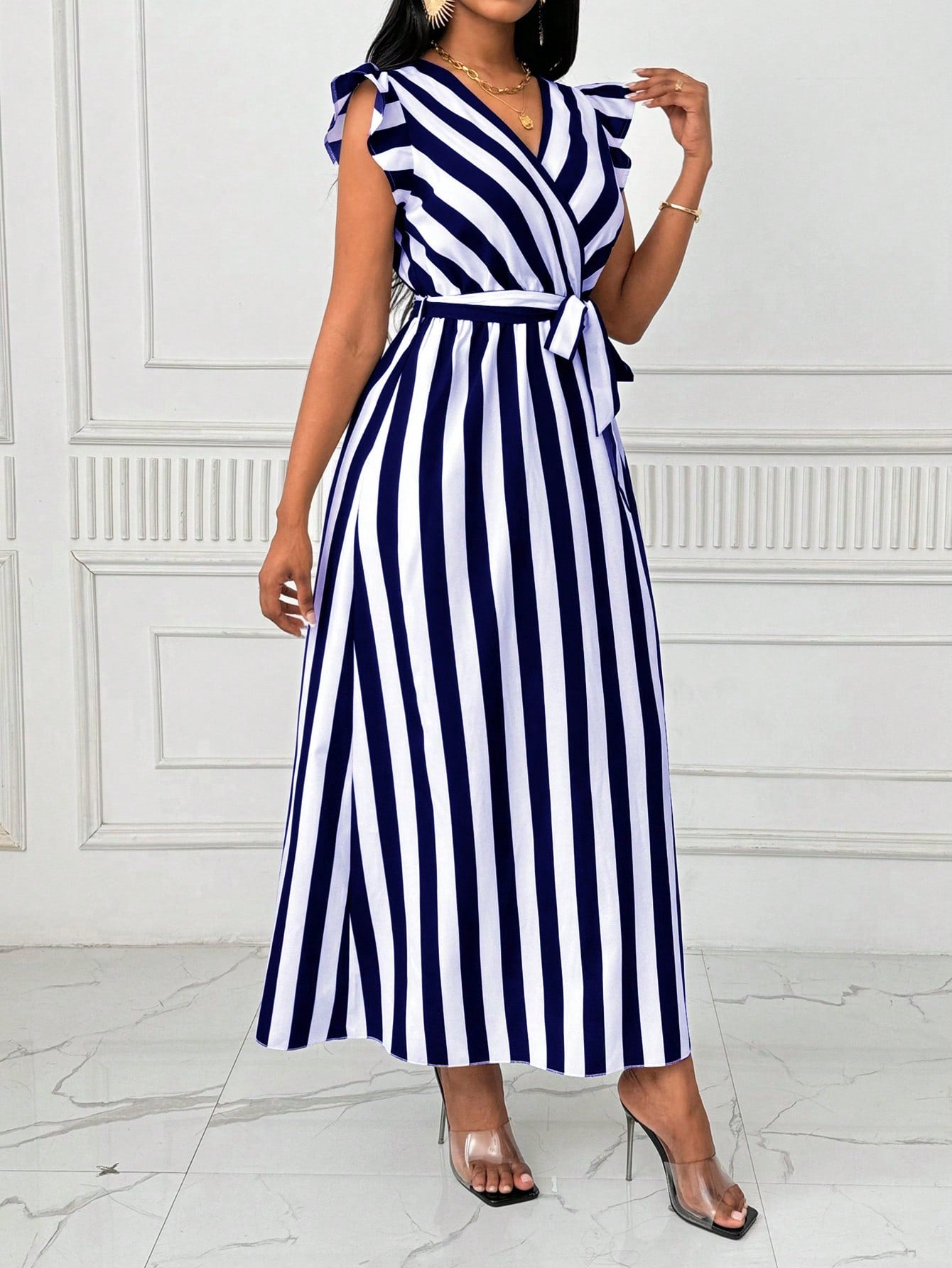 Lyxana Women's V-Neck Cinched Waist Wide Skirt Long Dress With Bow Tie, Black And White Vertical Striped, Long Sleeve Maxi Women Outfit