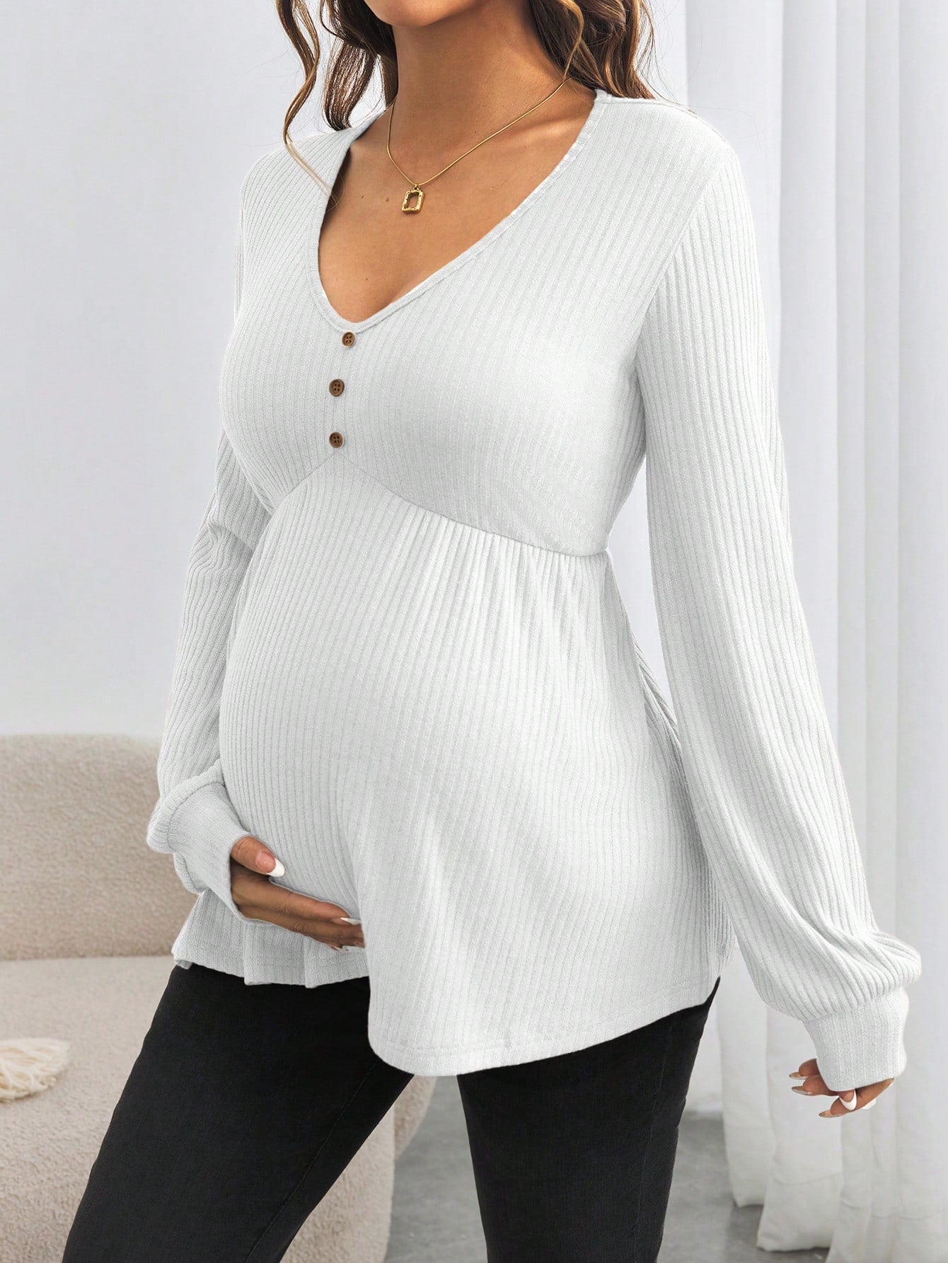 Maternity Button Down V-Neck Loose Long Sleeve T-Shirt