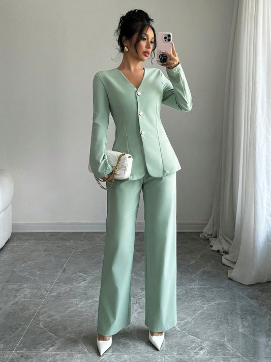 Elenzga Women's Autumn Solid Color V-Neck Long Sleeve Single-Breasted Jacket And Pants Casual Suit Set