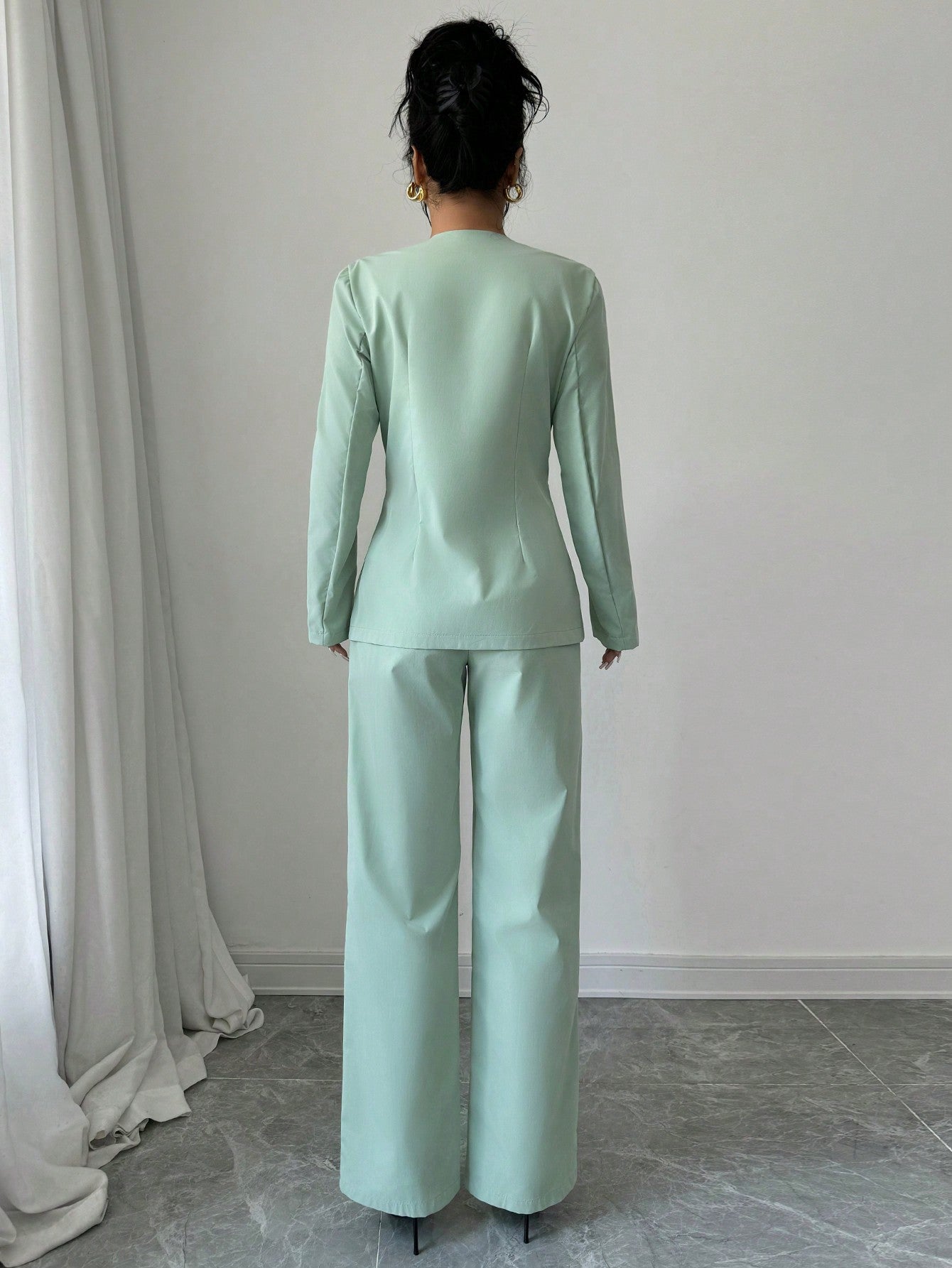 Elenzga Women's Autumn Solid Color V-Neck Long Sleeve Single-Breasted Jacket And Pants Casual Suit Set