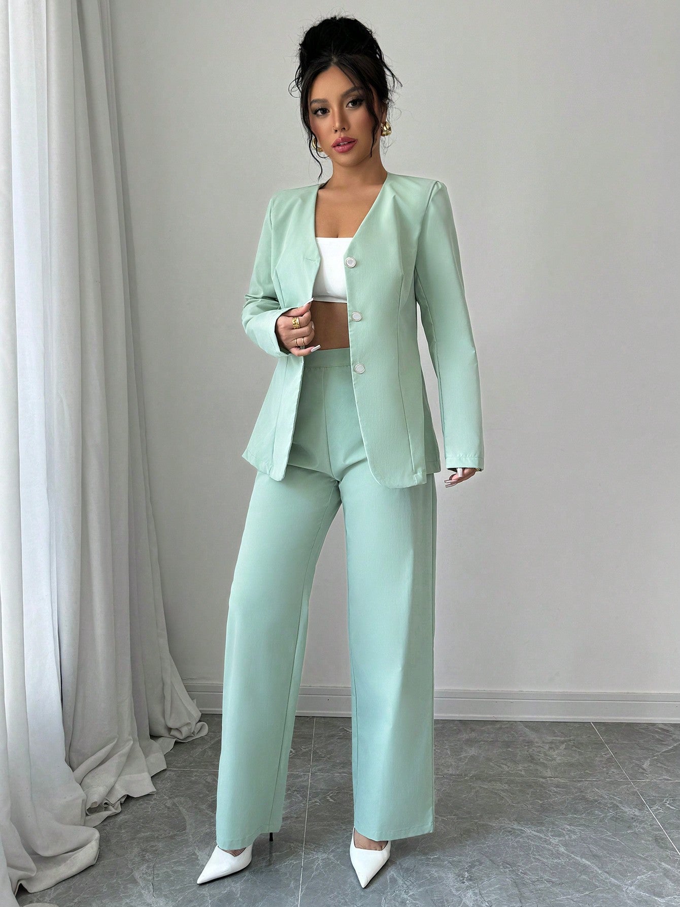 Elenzga Women's Autumn Solid Color V-Neck Long Sleeve Single-Breasted Jacket And Pants Casual Suit Set
