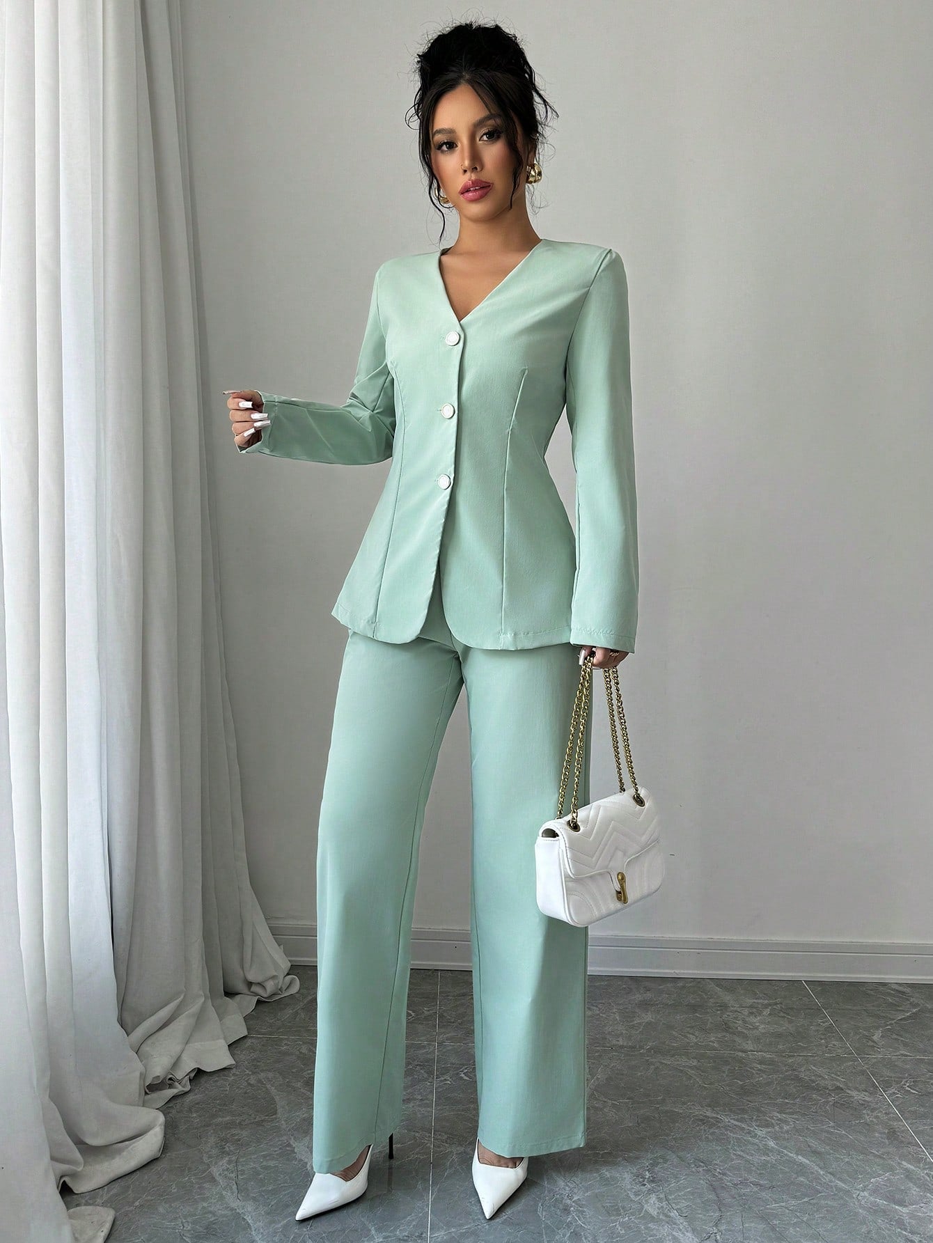 Elenzga Women's Autumn Solid Color V-Neck Long Sleeve Single-Breasted Jacket And Pants Casual Suit Set