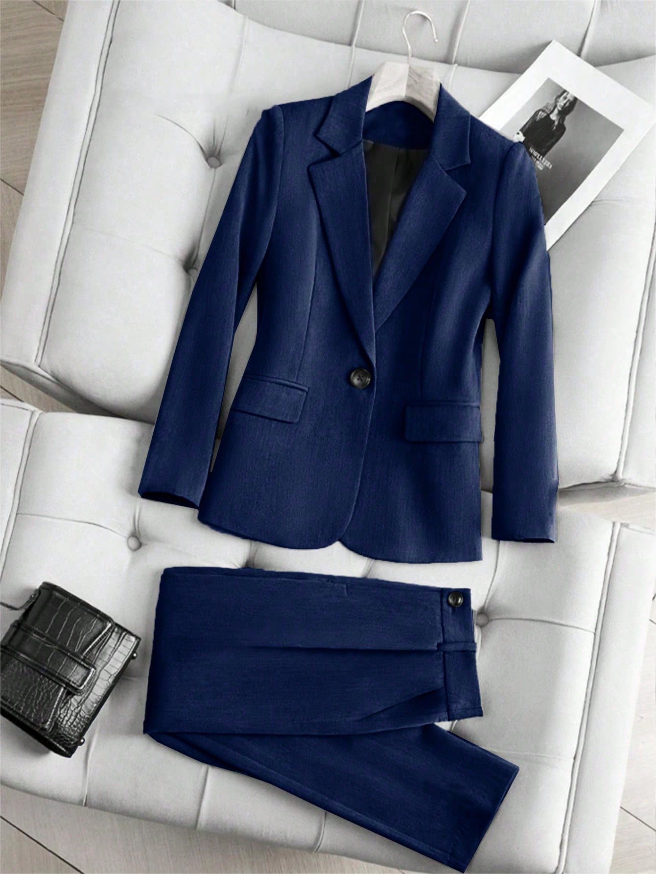 Raffinéa 2pcs Women Spring Autumn Solid Color Lapel Collar Long Sleeve Blazer And Trouser Suit For Daily Commute , Bussines Casual Women