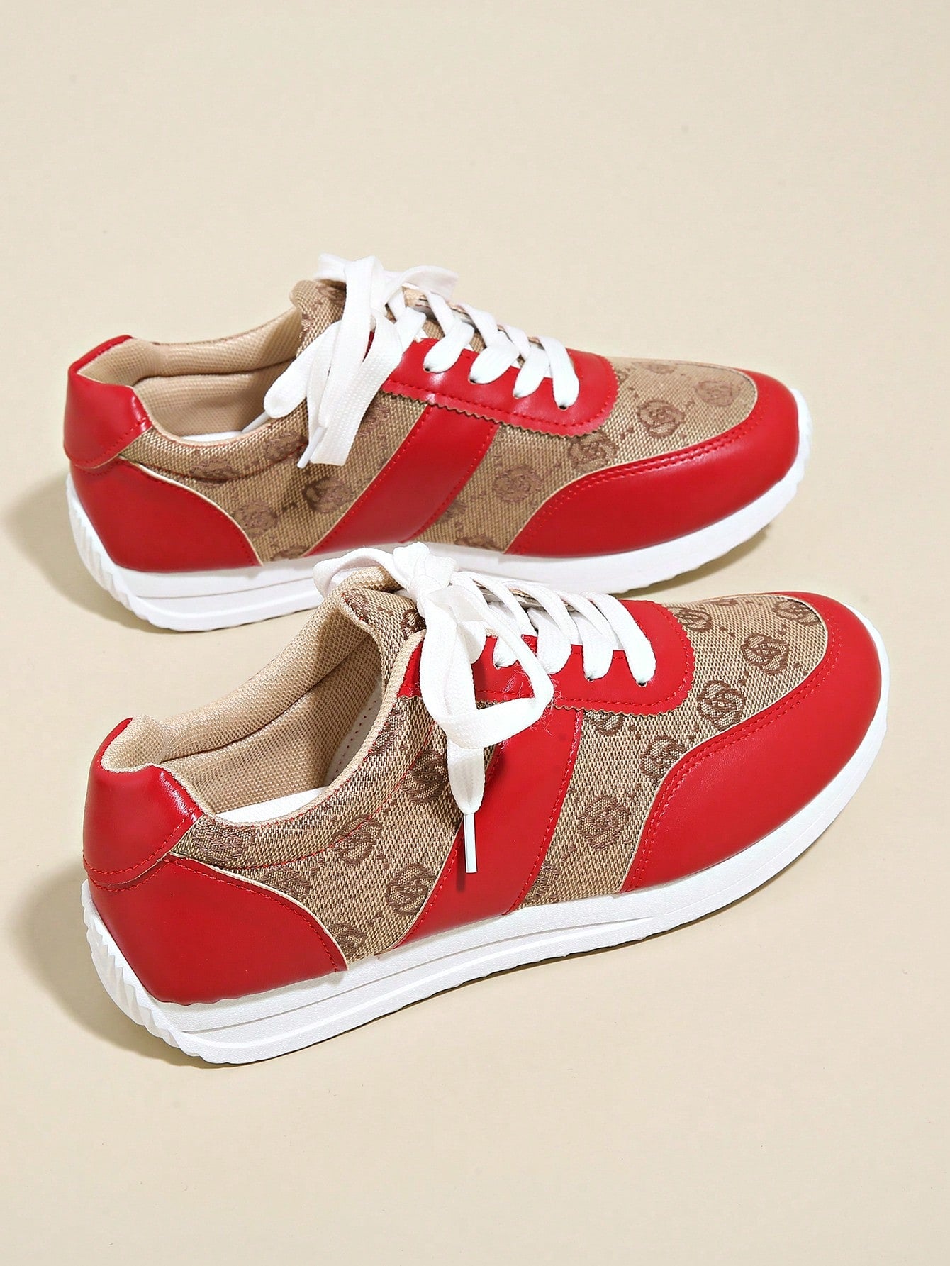 Plus Size 36-43 Women's Breathable & Odor-Resistant Flat Lace-Up Agane Running Sneakers, Anti-Slip, Suitable For Spring/Autumn, Hiking, Dancing, Fitness, Red Leather