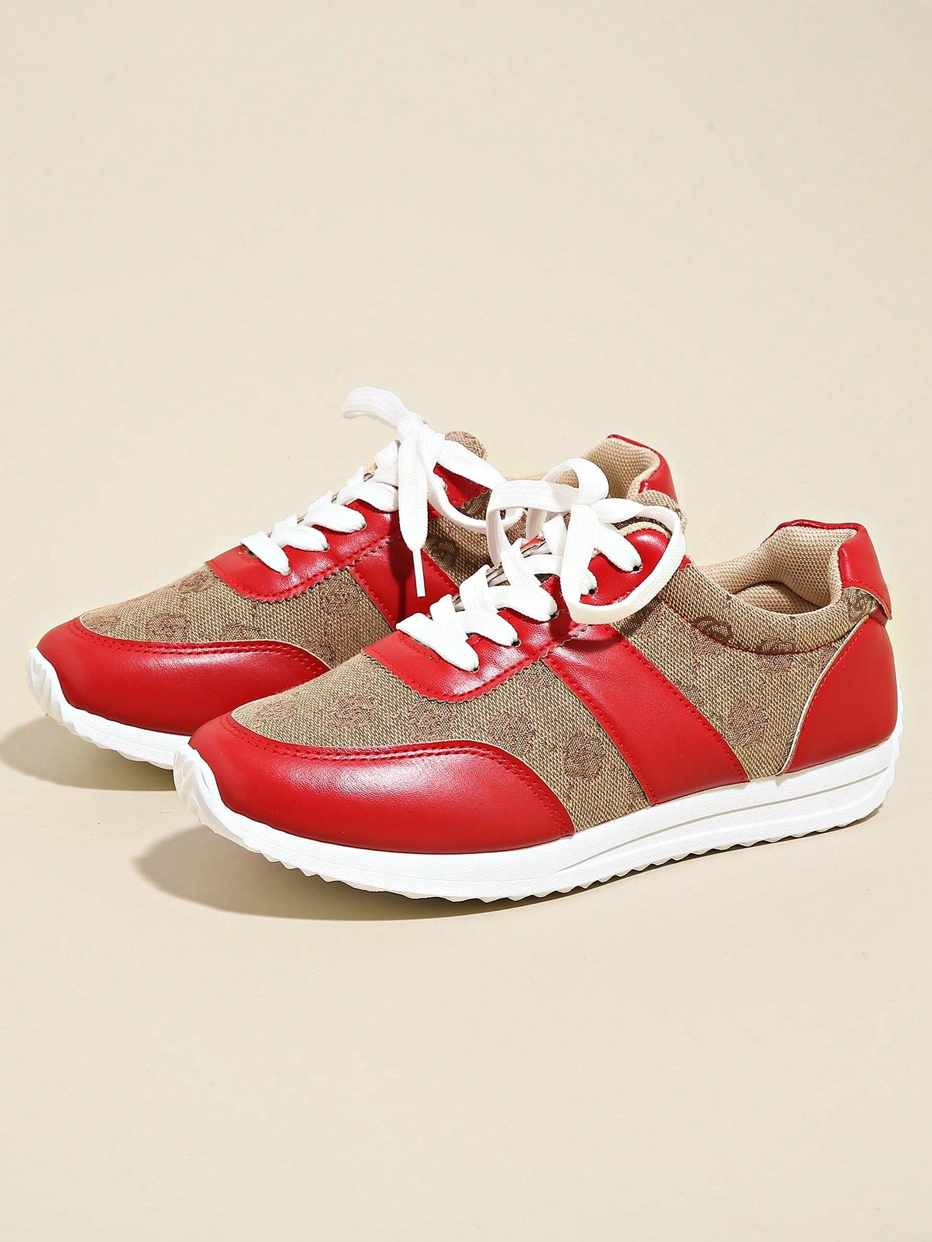 Plus Size 36-43 Women's Breathable & Odor-Resistant Flat Lace-Up Agane Running Sneakers, Anti-Slip, Suitable For Spring/Autumn, Hiking, Dancing, Fitness, Red Leather