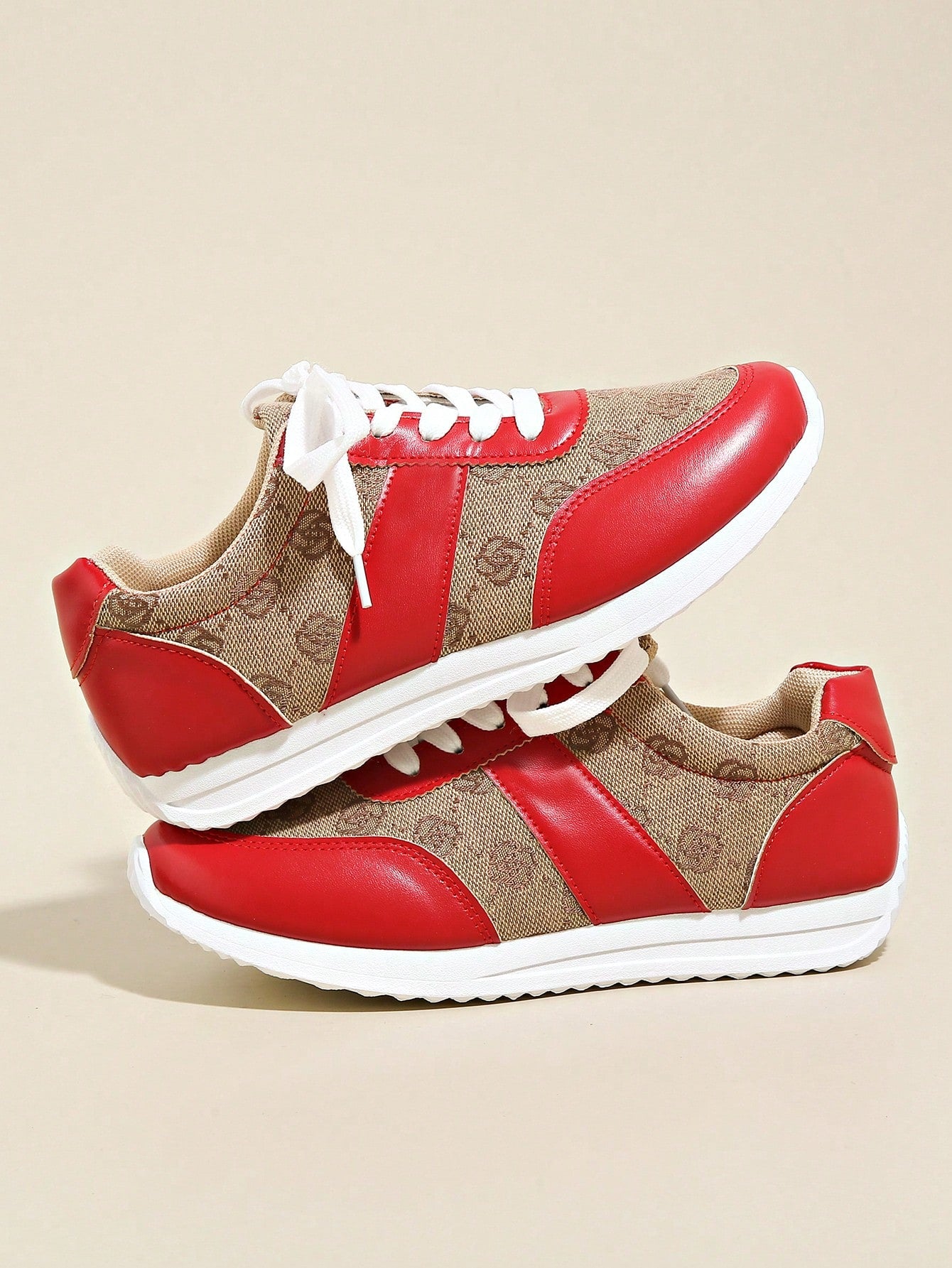 Plus Size 36-43 Women's Breathable & Odor-Resistant Flat Lace-Up Agane Running Sneakers, Anti-Slip, Suitable For Spring/Autumn, Hiking, Dancing, Fitness, Red Leather