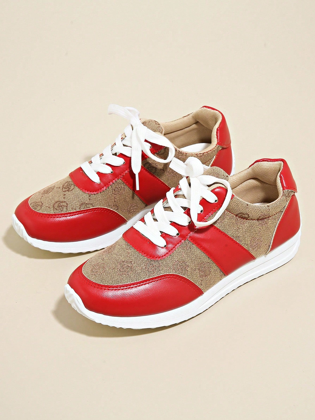 Plus Size 36-43 Women's Breathable & Odor-Resistant Flat Lace-Up Agane Running Sneakers, Anti-Slip, Suitable For Spring/Autumn, Hiking, Dancing, Fitness, Red Leather