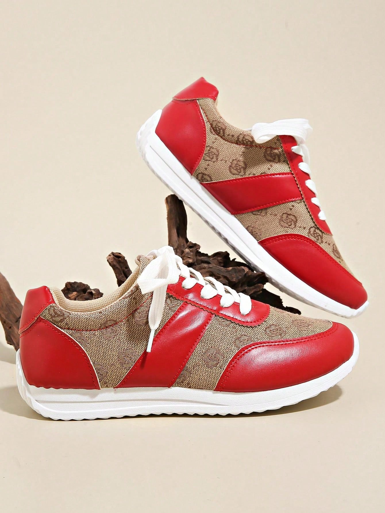 Plus Size 36-43 Women's Breathable & Odor-Resistant Flat Lace-Up Agane Running Sneakers, Anti-Slip, Suitable For Spring/Autumn, Hiking, Dancing, Fitness, Red Leather