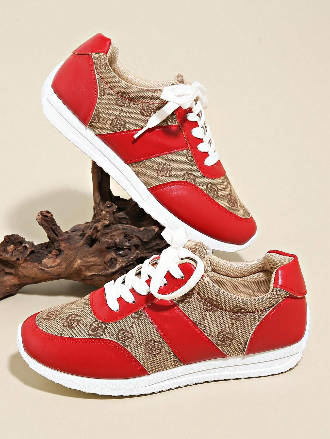 Plus Size 36-43 Women's Breathable & Odor-Resistant Flat Lace-Up Agane Running Sneakers, Anti-Slip, Suitable For Spring/Autumn, Hiking, Dancing, Fitness, Red Leather