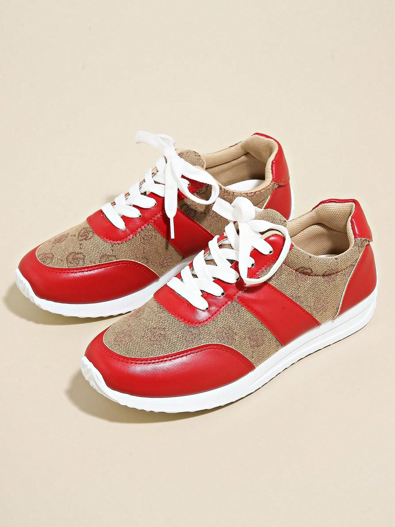 Plus Size 36-43 Women's Breathable & Odor-Resistant Flat Lace-Up Agane Running Sneakers, Anti-Slip, Suitable For Spring/Autumn, Hiking, Dancing, Fitness, Red Leather