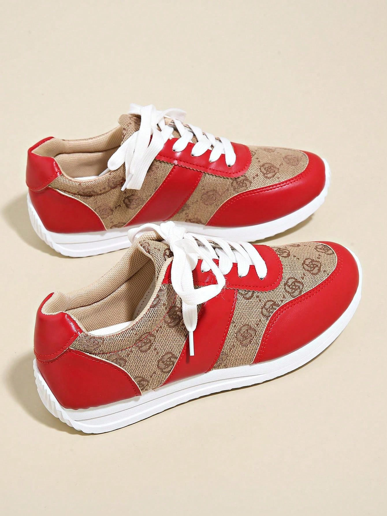 Plus Size 36-43 Women's Breathable & Odor-Resistant Flat Lace-Up Agane Running Sneakers, Anti-Slip, Suitable For Spring/Autumn, Hiking, Dancing, Fitness, Red Leather