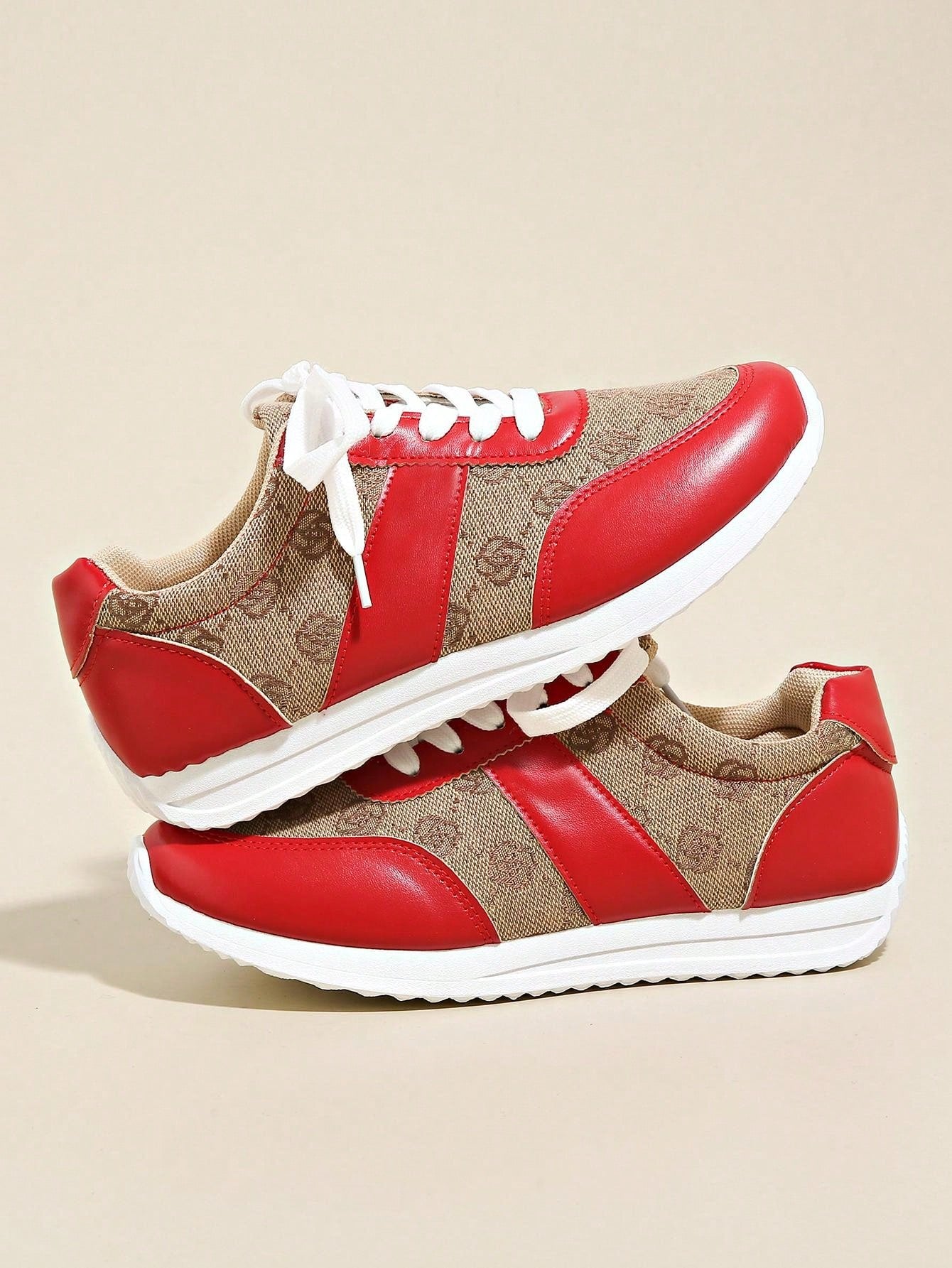 Plus Size 36-43 Women's Breathable & Odor-Resistant Flat Lace-Up Agane Running Sneakers, Anti-Slip, Suitable For Spring/Autumn, Hiking, Dancing, Fitness, Red Leather