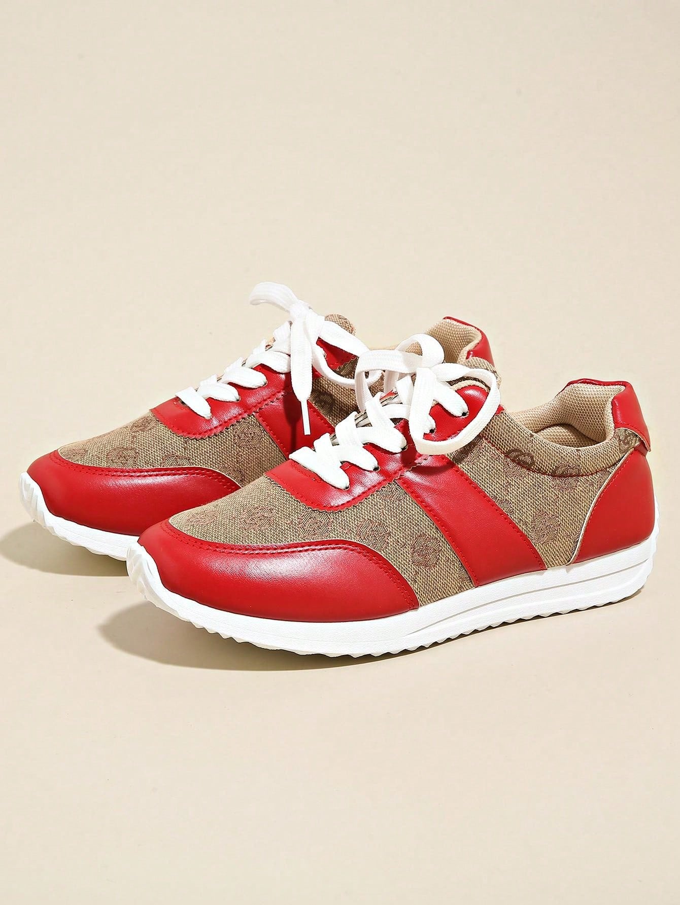 Plus Size 36-43 Women's Breathable & Odor-Resistant Flat Lace-Up Agane Running Sneakers, Anti-Slip, Suitable For Spring/Autumn, Hiking, Dancing, Fitness, Red Leather