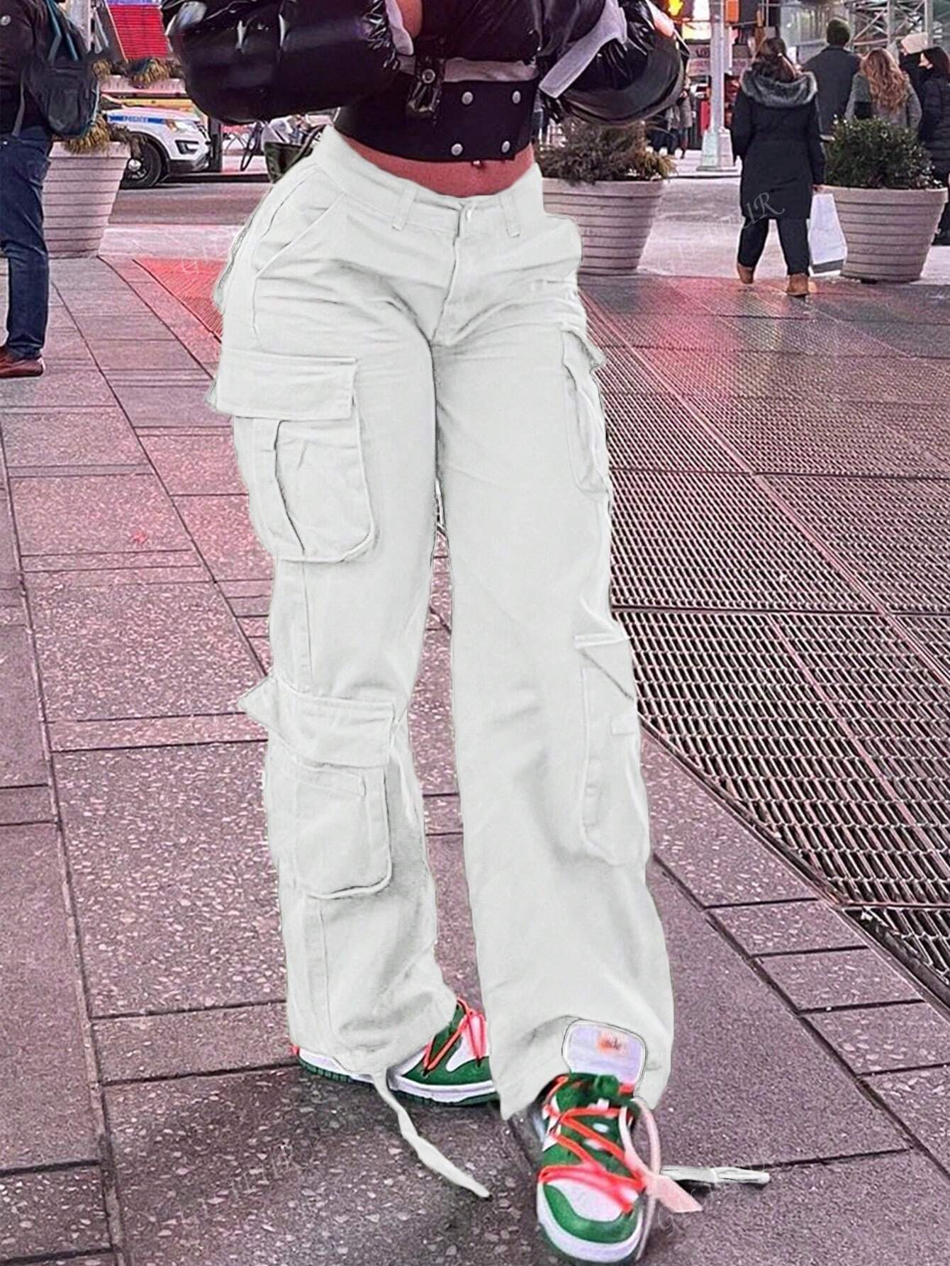 Straight Leg Loose Solid Color Casual Cargo Pants For Women