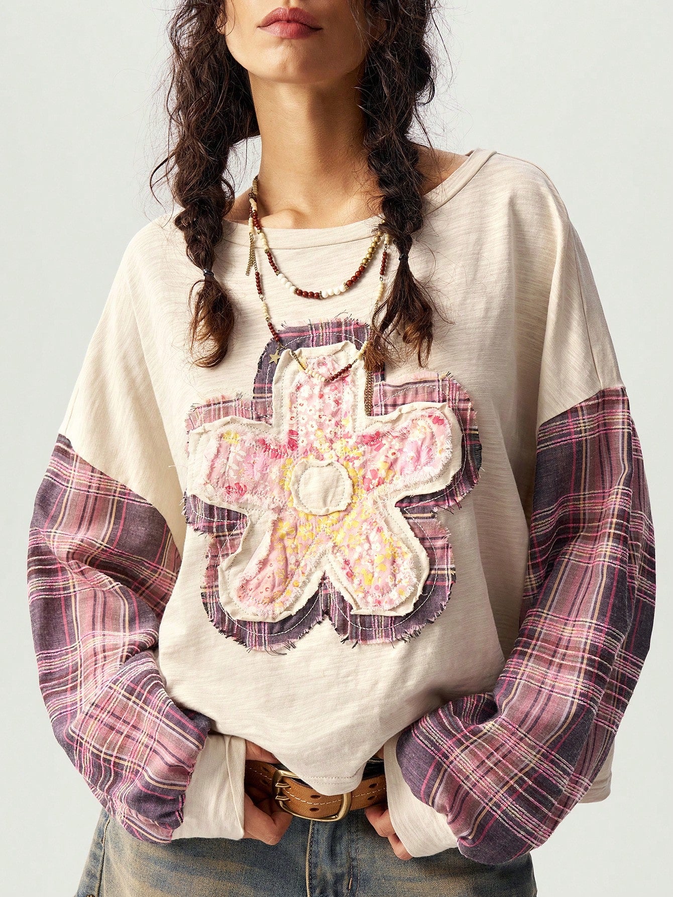 Bohemela Casual Knit Patchwork Round Neck Drop Shoulder Long Sleeve Loose Women Tops