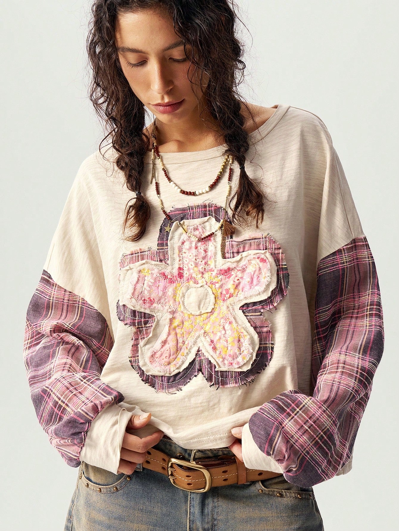 Bohemela Casual Knit Patchwork Round Neck Drop Shoulder Long Sleeve Loose Women Tops