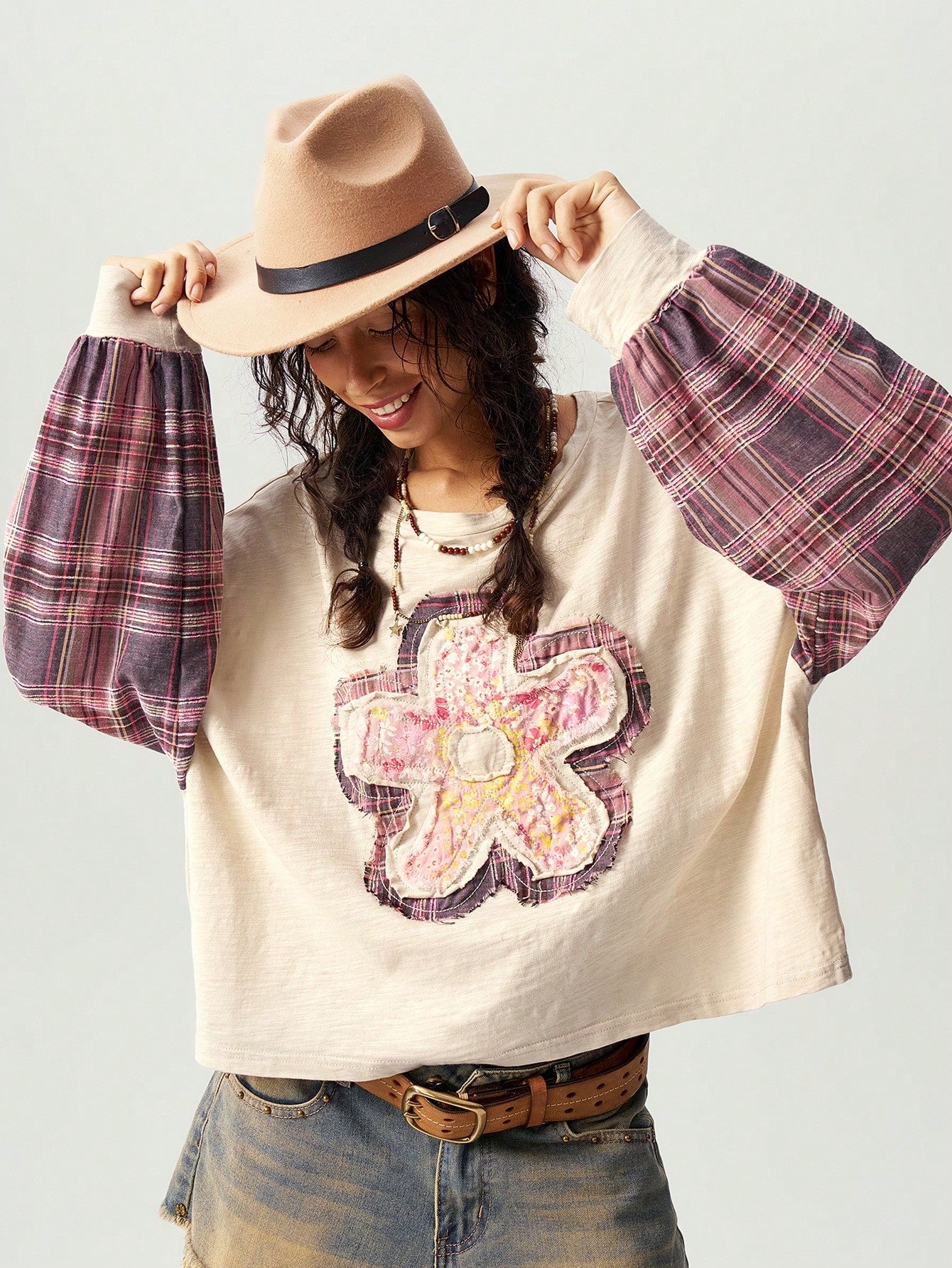 Bohemela Casual Knit Patchwork Round Neck Drop Shoulder Long Sleeve Loose Women Tops