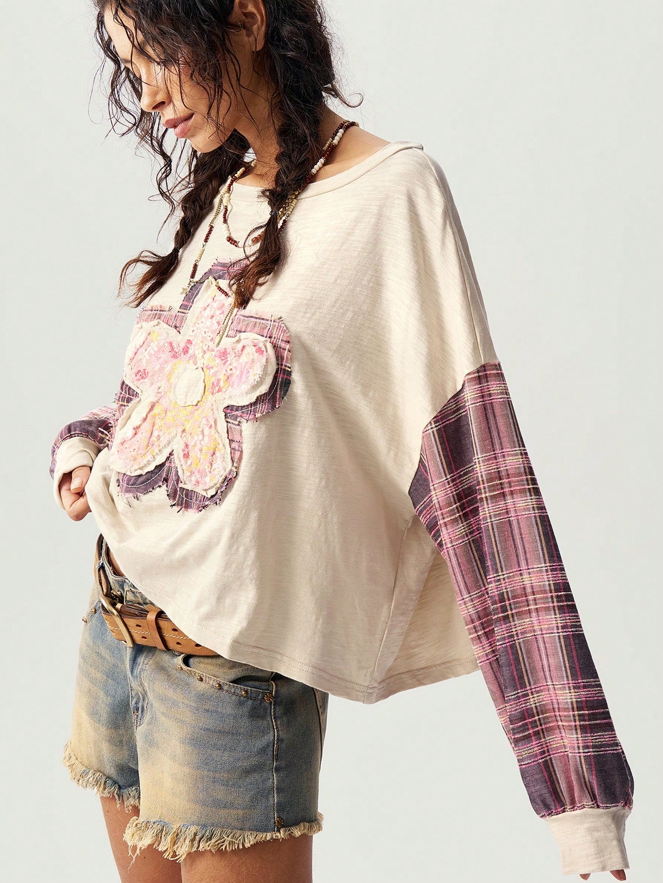 Bohemela Casual Knit Patchwork Round Neck Drop Shoulder Long Sleeve Loose Women Tops