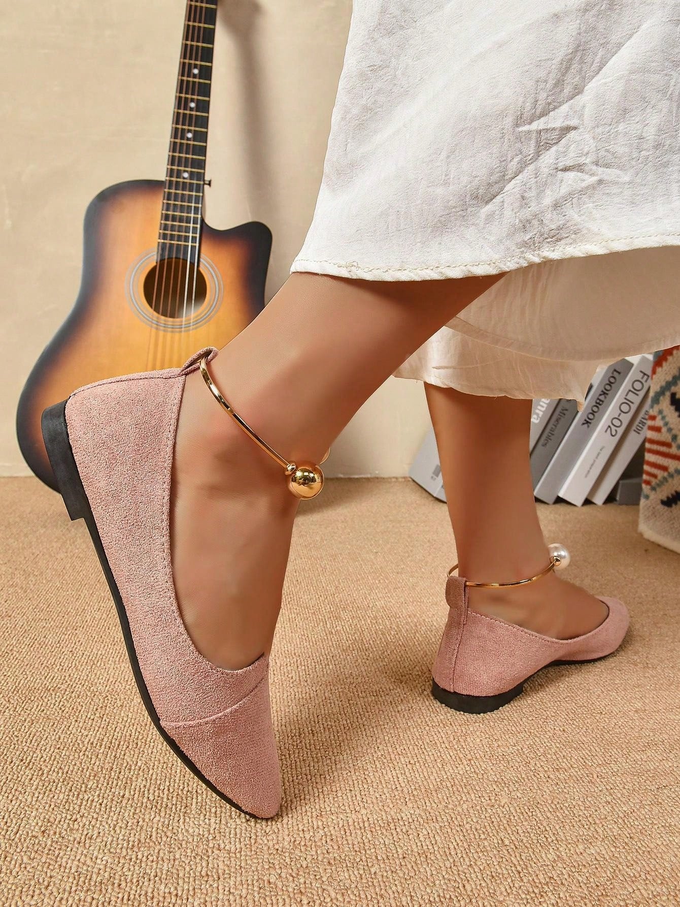 Ladies' Stylish Metal Ring Decoration Lotus Pink Pointed Toe Shoes