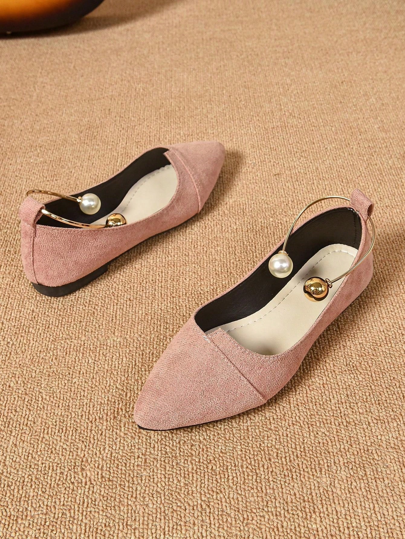Ladies' Stylish Metal Ring Decoration Lotus Pink Pointed Toe Shoes