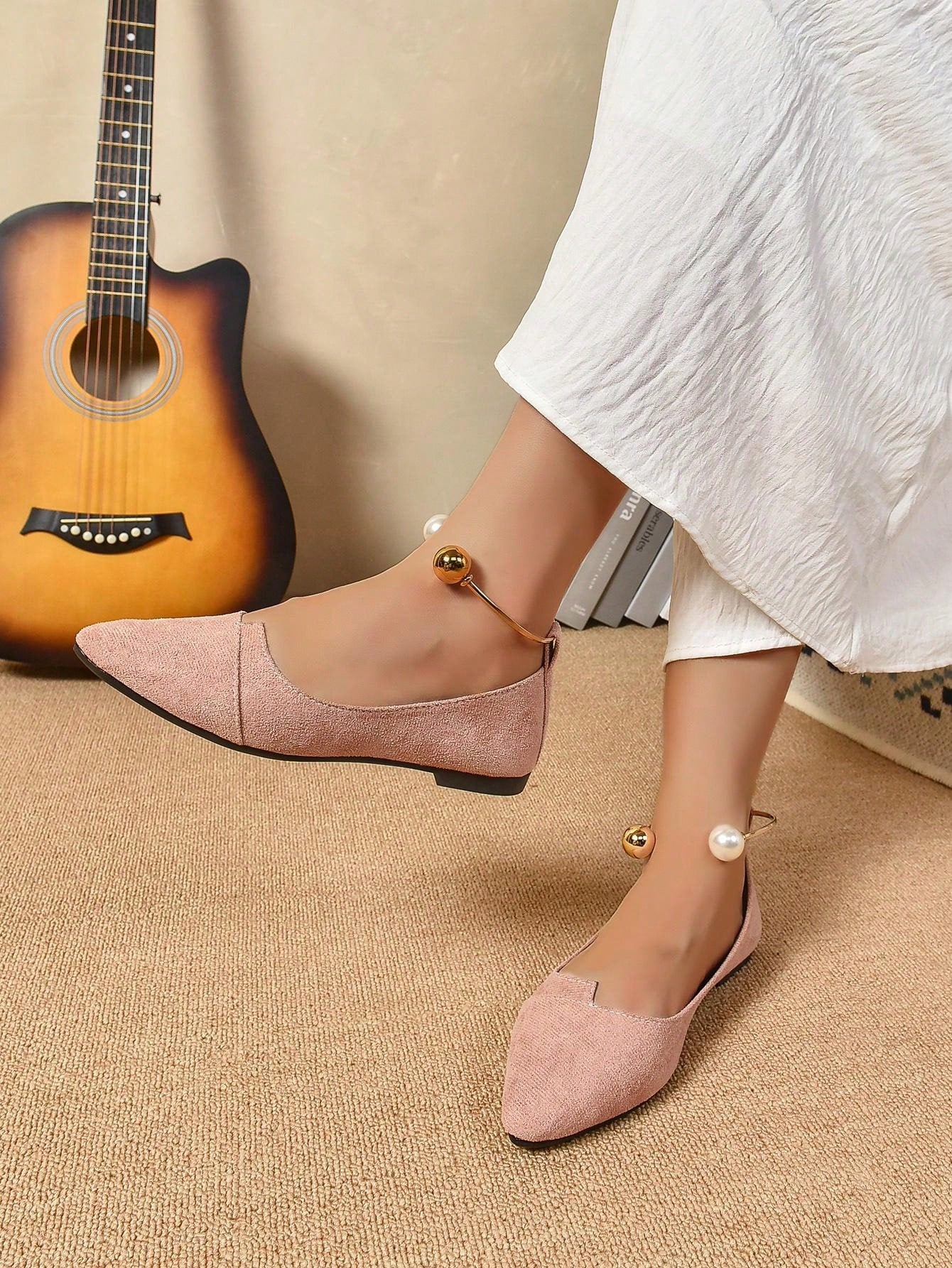 Ladies' Stylish Metal Ring Decoration Lotus Pink Pointed Toe Shoes