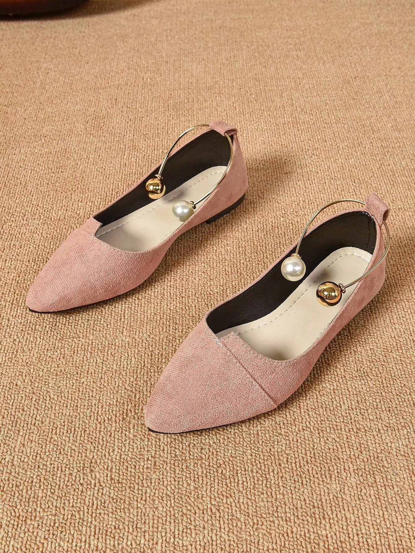 Ladies' Stylish Metal Ring Decoration Lotus Pink Pointed Toe Shoes