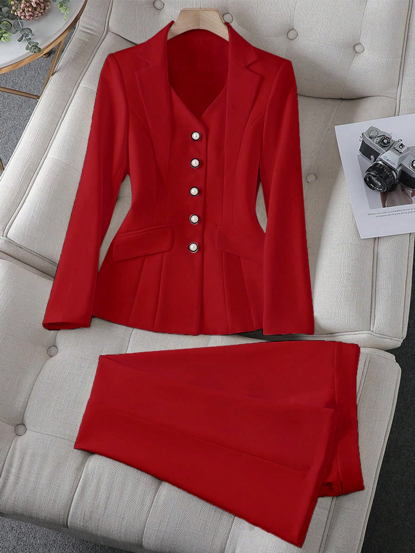 Raffinéa Women's Elegant Business Suit Set: Stand Collar Long Sleeve Jacket And Pants, For Commute