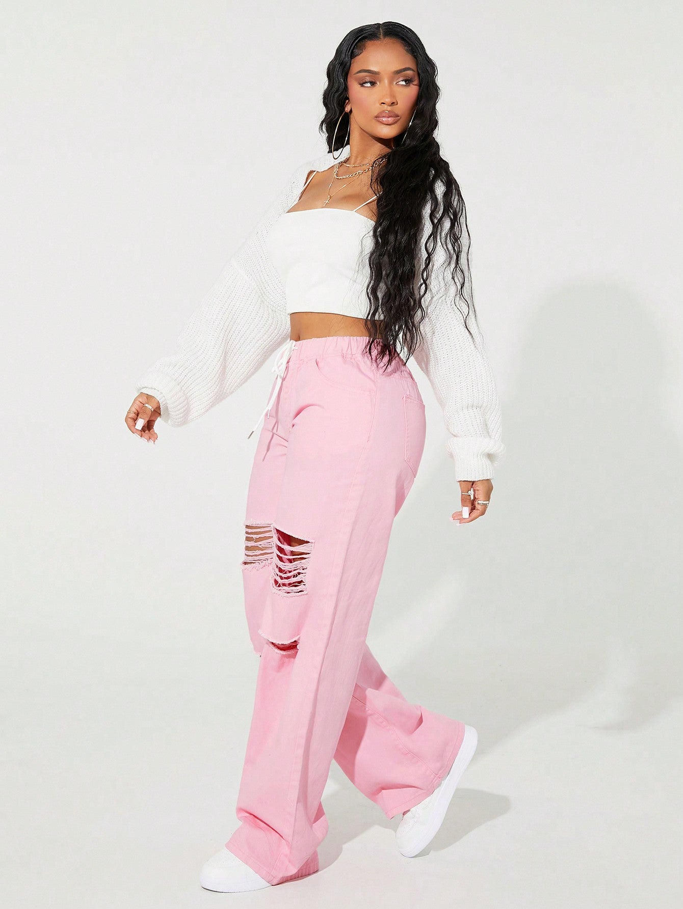SXY Drawstring Waist Cut Out Ripped Wide Leg Jeans