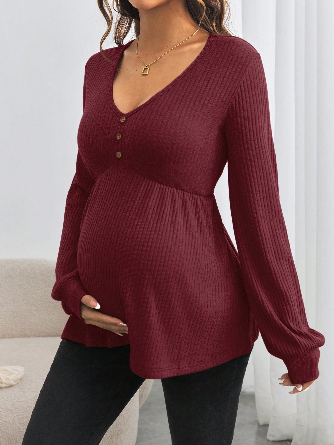 Maternity Button Down V-Neck Loose Long Sleeve T-Shirt