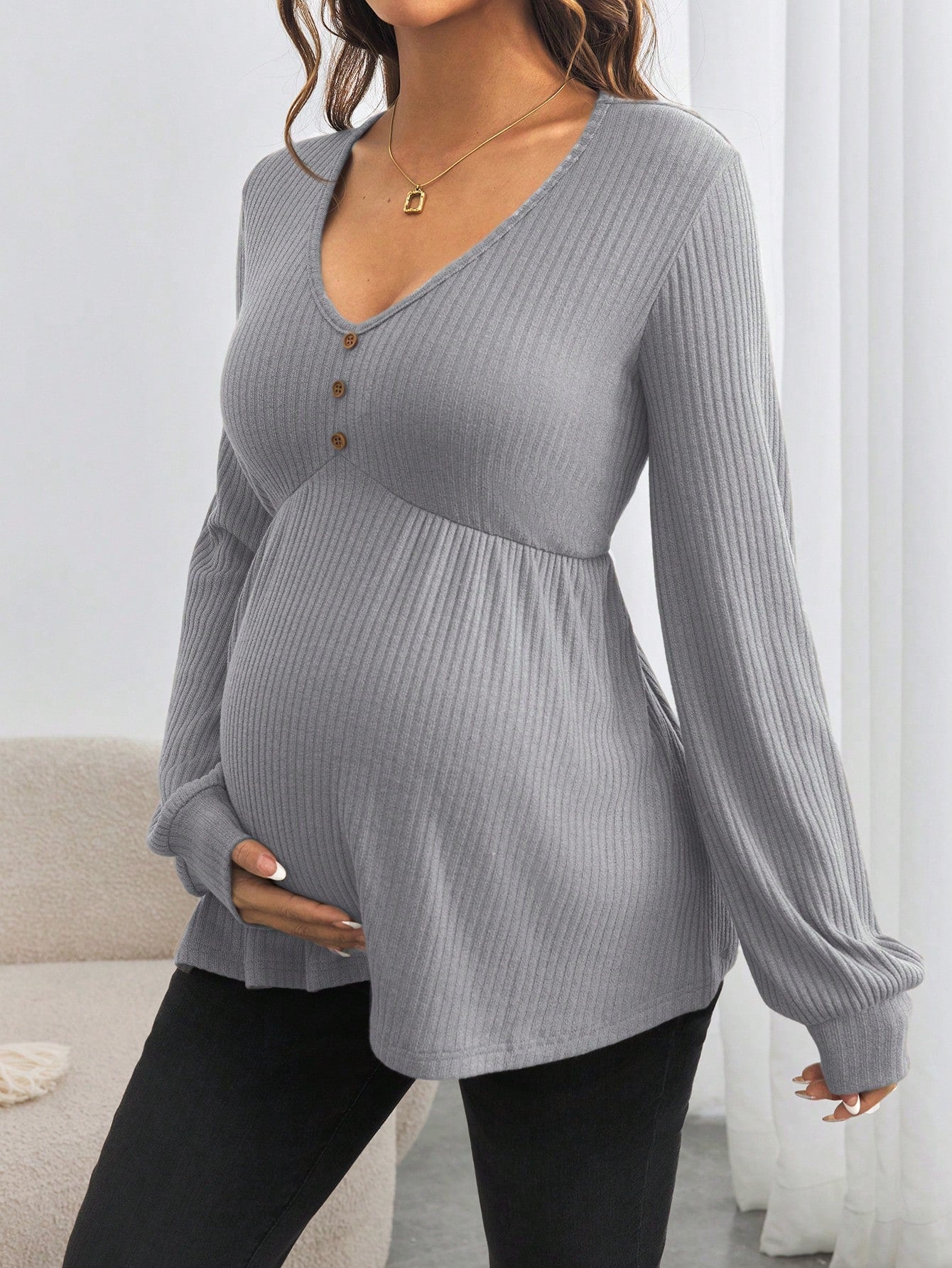 Maternity Button Down V-Neck Loose Long Sleeve T-Shirt