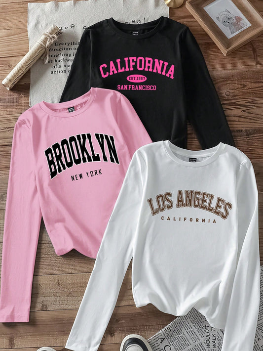 EZwear 3pcs Set Women Casual Letter Print Round Neck Slim Fit Long Sleeve T-Shirt Outfit, Suitable For Autumn