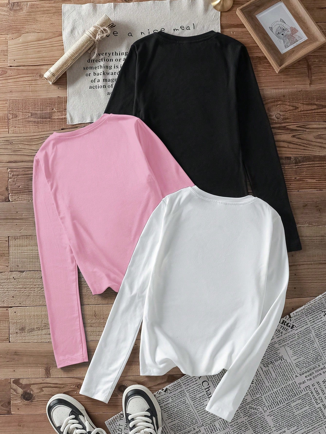 EZwear 3pcs Set Women Casual Letter Print Round Neck Slim Fit Long Sleeve T-Shirt Outfit, Suitable For Autumn