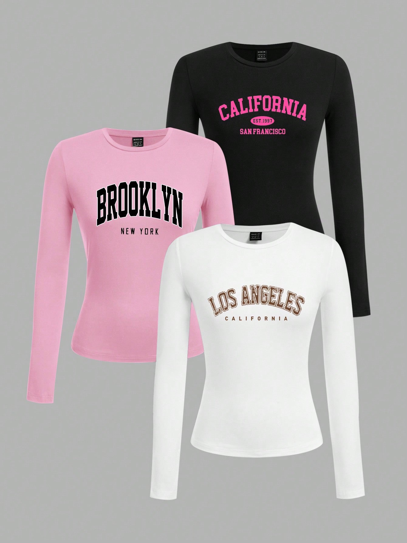 EZwear 3pcs Set Women Casual Letter Print Round Neck Slim Fit Long Sleeve T-Shirt Outfit, Suitable For Autumn