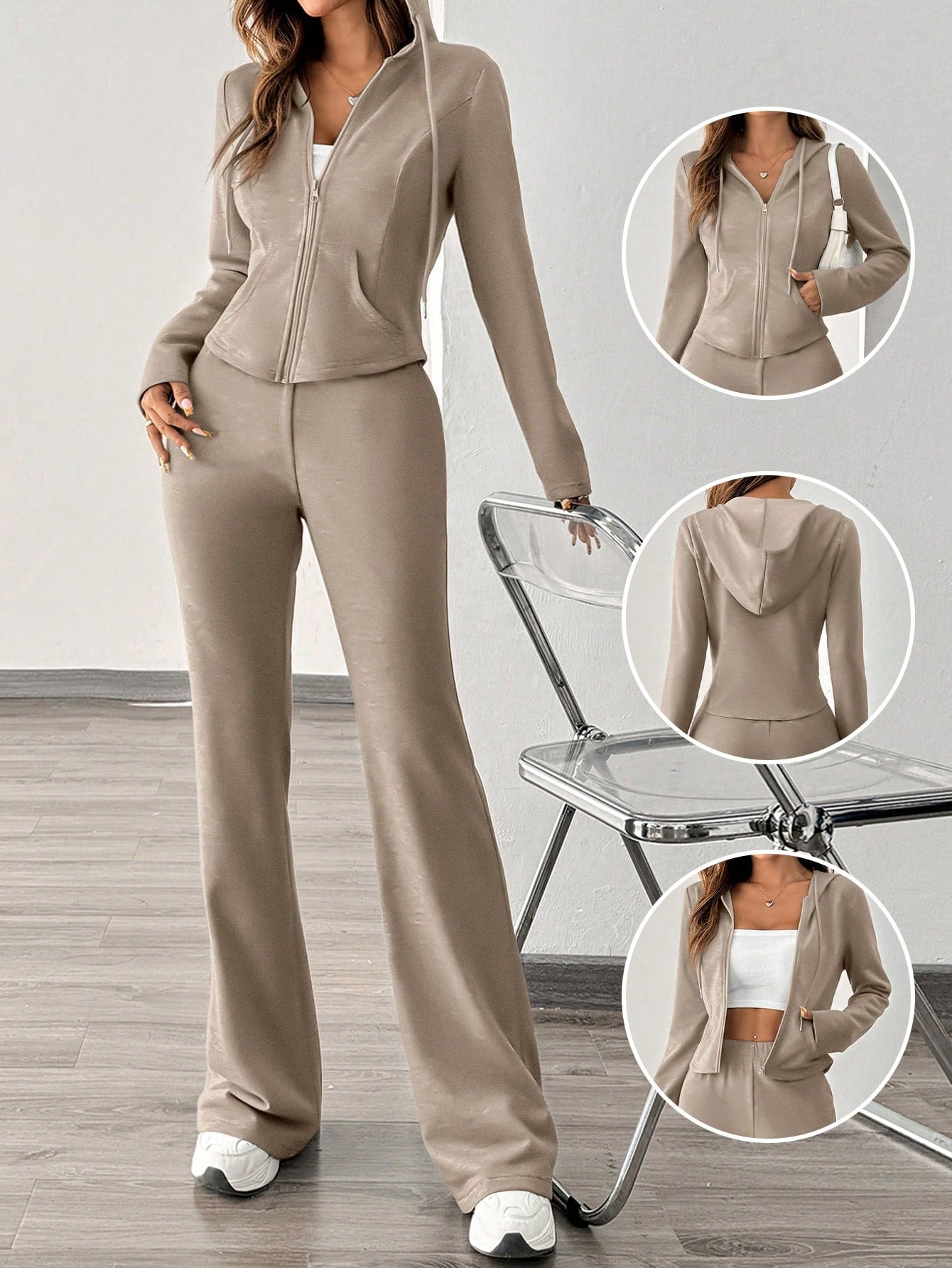 Essnce 2pcs Women Fashion Casual Sports Sweatsuit, Hoodie Jacket And Wide Leg Pants, Autumn