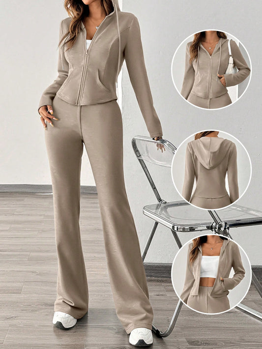 Essnce 2pcs Women Fashion Casual Sports Sweatsuit, Hoodie Jacket And Wide Leg Pants, Autumn